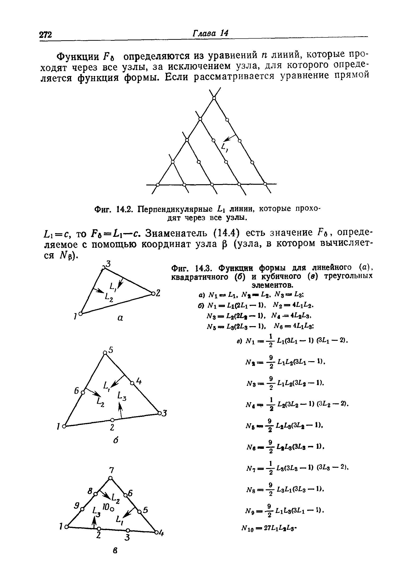 Фиг. 14.3. <a href="/info/3606">Функции формы</a> для линейного (а), квадратичного (б) и кубичного (в) треугольных элементов.
