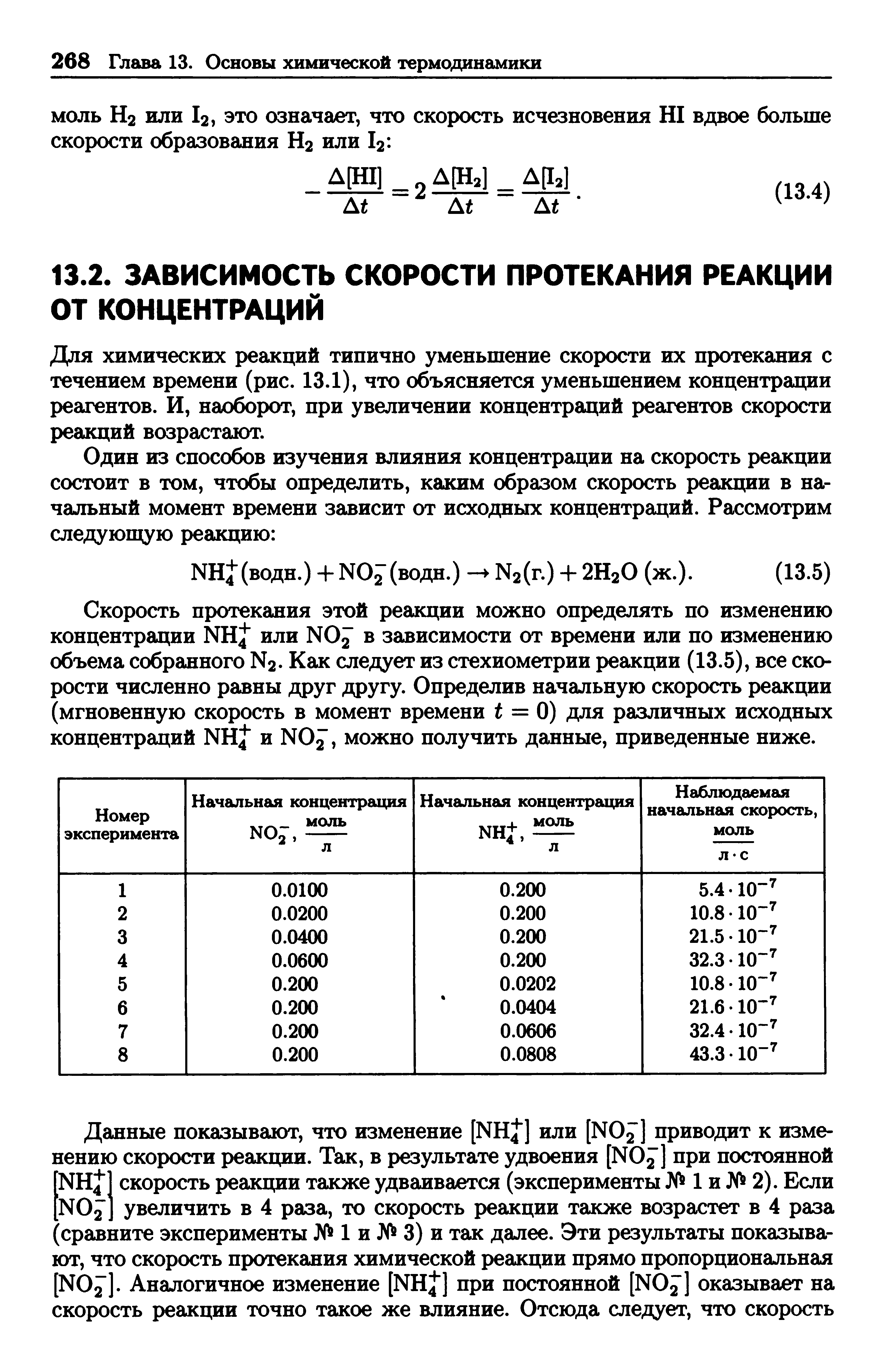 Для химических реакций типично уменьшение скорости их протекания с течением времени (рис. 13.1), что объясняется уменьшением концентрации реагентов. И, наоборот, при увеличении концентраций реагентов скорости реакций возрастают.
