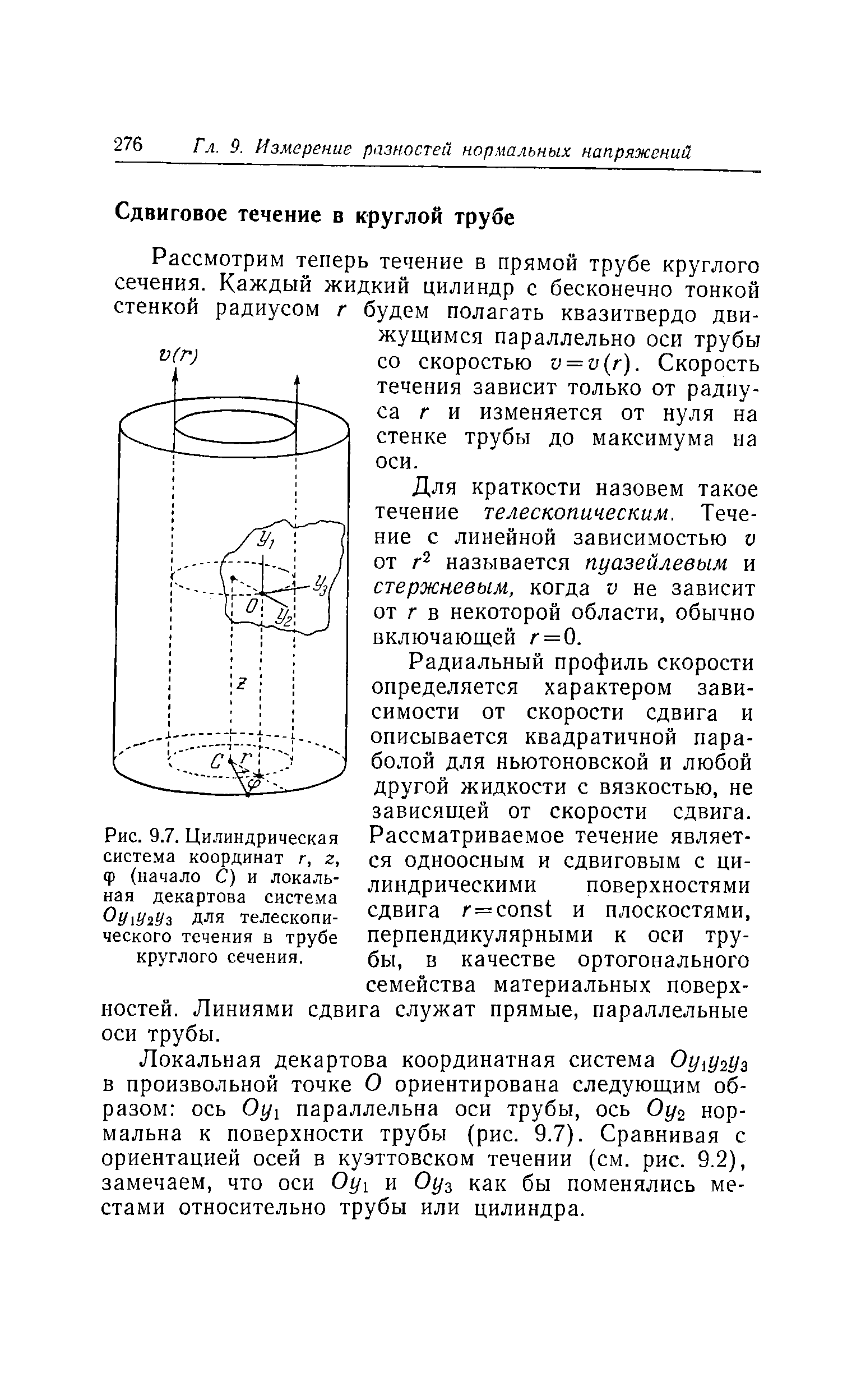 Рассмотрим теперь течение в прямой трубе круглого сечения. Каждый жидкий цилиндр с бесконечно тонкой стенкой радиусом г будем полагать квазитвердо движущимся параллельно оси трубы со скоростью v = v(r). Скорость течения зависит только от радиуса г и изменяется от нуля на стенке трубы до максимума на оси.
