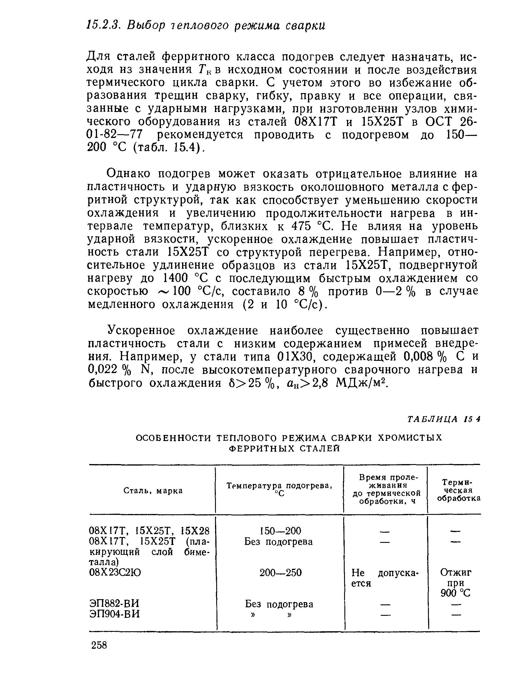 Для сталей ферритного класса подогрев следует назначать, исходя из значения Гк в исходном состоянии и после воздействия термического цикла сварки. С учетом этого во избежание образования трещин сварку, гибку, правку и все операции, связанные с ударными нагрузками, при изготовлении узлов химического оборудования из сталей 08X17Т и 15Х25Т в ОСТ 26-01-82—77 рекомендуется проводить с подогревом до 150— 200 °С (табл. 15.4).
