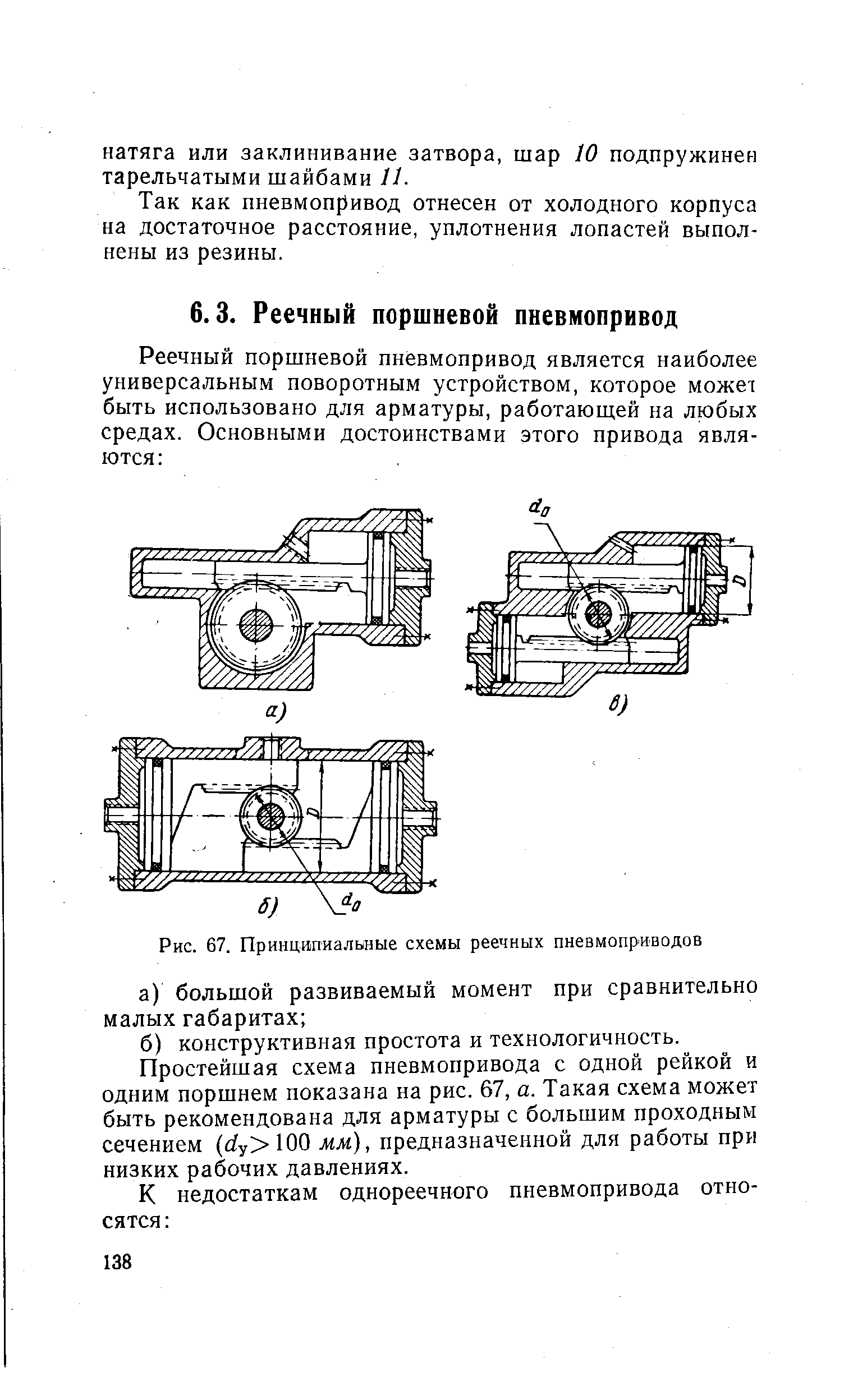 Простейшая схема пневмопривода с одной рейкой и одним поршнем показана на рис. 67, а. Такая схема может быть рекомендована для арматуры с большим проходным сечением (йу 100 мм), предназначенной для работы при низких рабочих давлениях.
