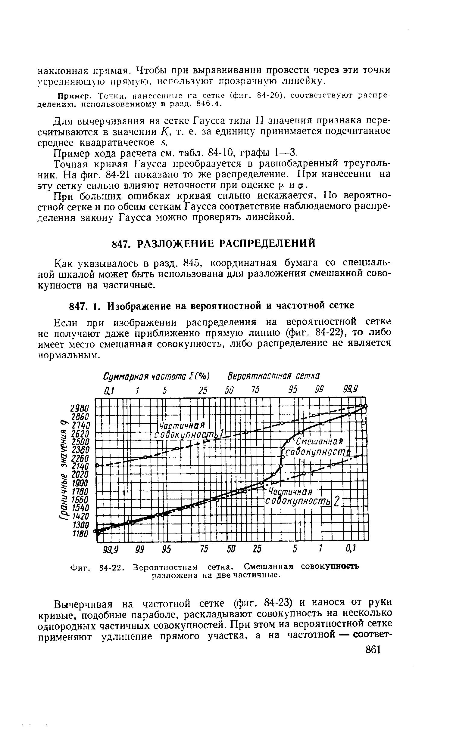 Если при изображении распределения на вероятностной сетке не получают даже приближенно прямую линию (фиг. 84-22), то либо имеет место смешанная совокупность, либо распределение не является нормальным.

