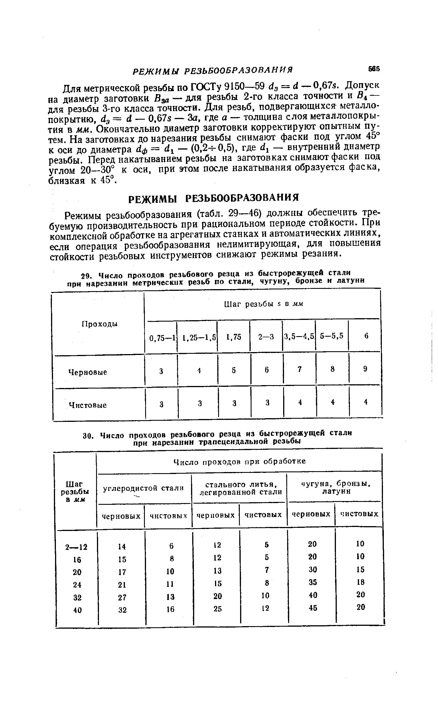 Режимы резьбообразования (табл. 29—46) должны обеспечить требуемую производительность при рациональном периоде стойкости. При комплексной обработке на агрегатных станках и автоматических линиях, если операция резьбообразования нелимитирующая, для повышения стойкости резьбовых инструментов снижают режимы резания.
