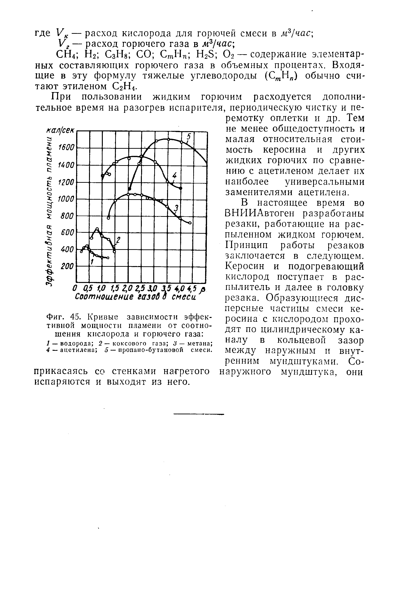 Фиг. 45. Кривые зависимости <a href="/info/29196">эффективной мощности</a> пламени от соотношения кислорода и горючего газа 
