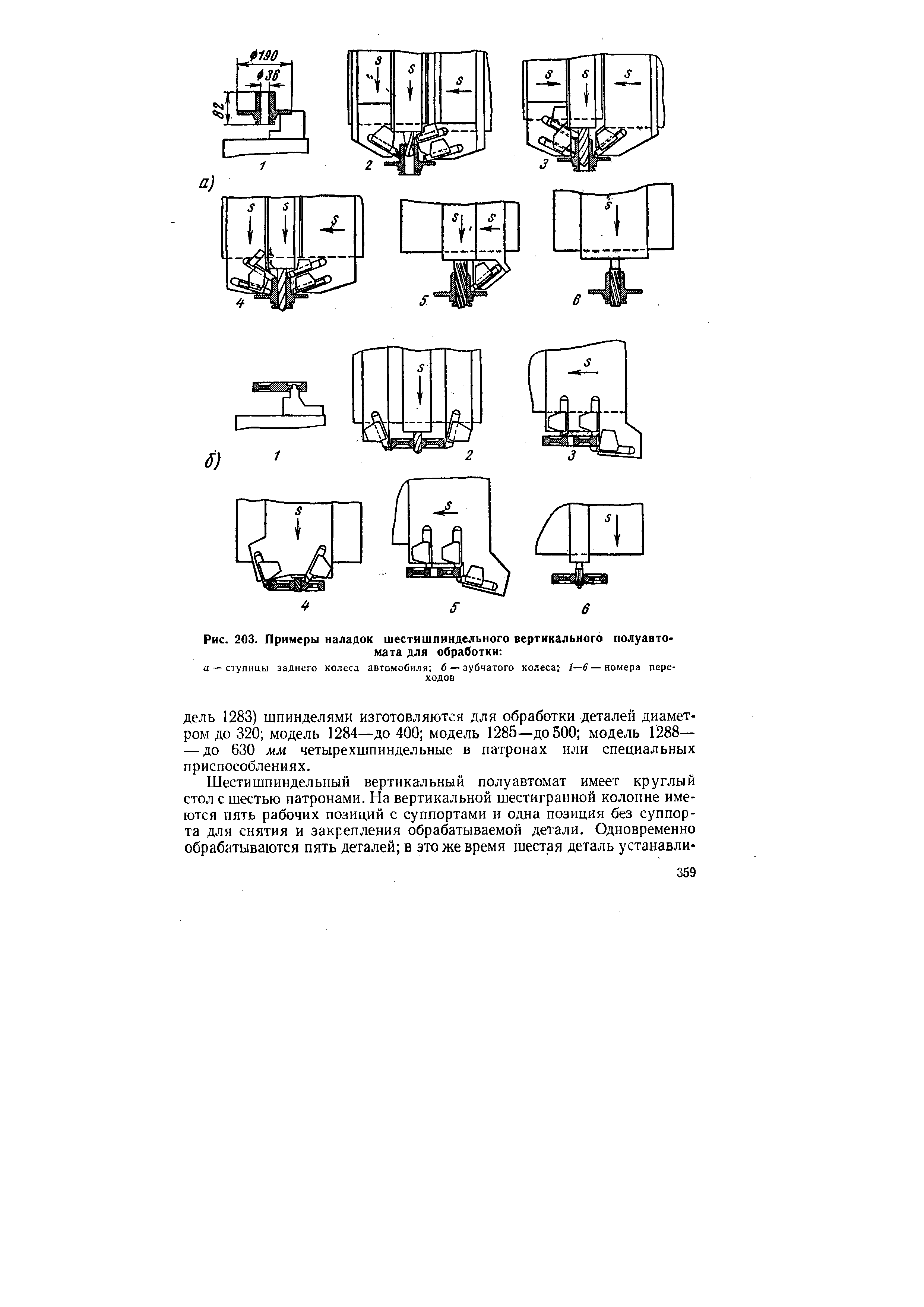 Рис. 203. Примеры наладок шестишпиндельного вертикального полуавтомата для обработки 
