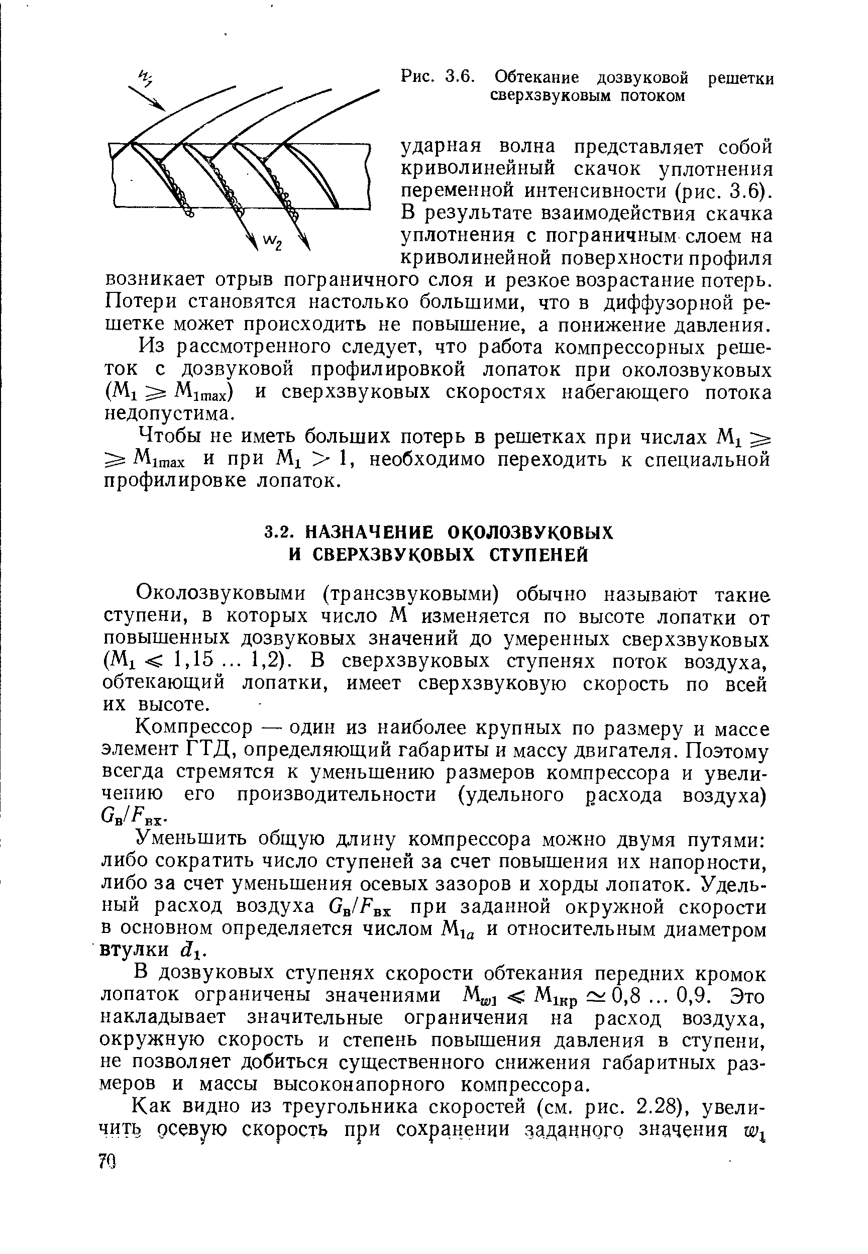 Околозвуковыми (трансзвуковыми) обычно называют такие ступени, в которых число М изменяется по высоте лопатки от повышенных дозвуковых значений до умеренных сверхзвуковых (Ml 1,15. .. 1,2). В сверхзвуковых ступенях поток воздуха, обтекаюш,ий лопатки, имеет сверхзвуковую скорость по всей их высоте.
