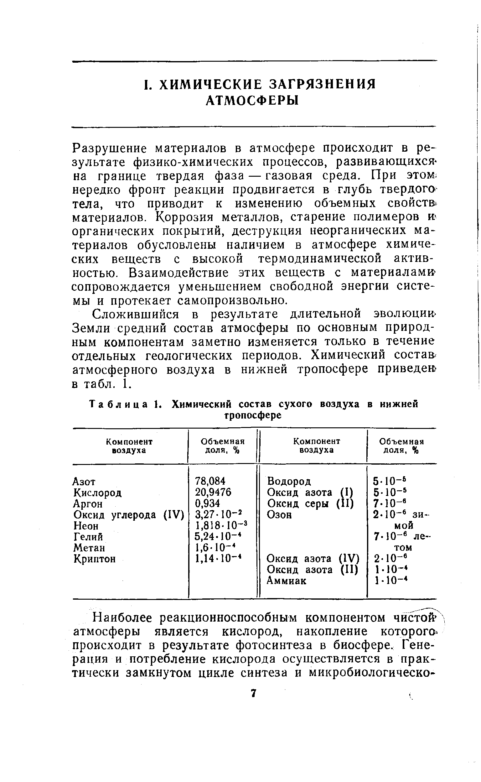 Разрушение материалов в атмосфере происходит в результате физико-химических процессов, развивающихся-на границе твердая фаза — газовая среда. При этом, нередко фронт реакции продвигается в глубь твердого-тела, что приводит к изменению объемных boh tbi материалов. Коррозия металлов, старение полимеров органических покрытий, деструкция неорганических материалов обусловлены наличием в атмосфере химических веществ с высокой термодинамической активностью. Взаимодействие этих веществ с материалами сопровождается уменьшением свободной энергии системы и протекает самопроизвольно.
