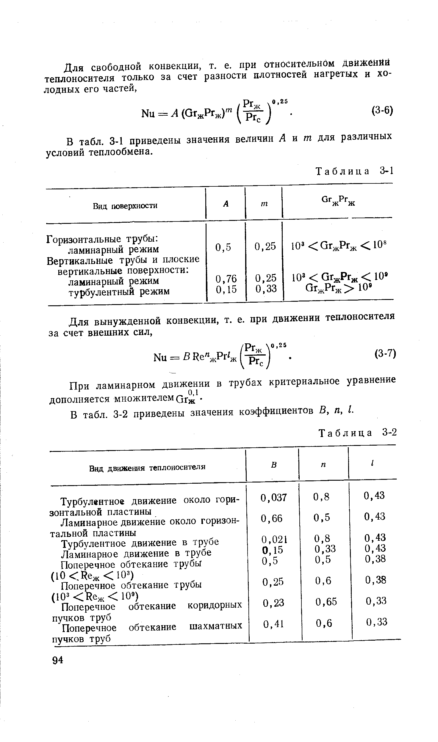 В табл. 3-1 приведены значения величин Л и яг для различных условий теплообмена.
