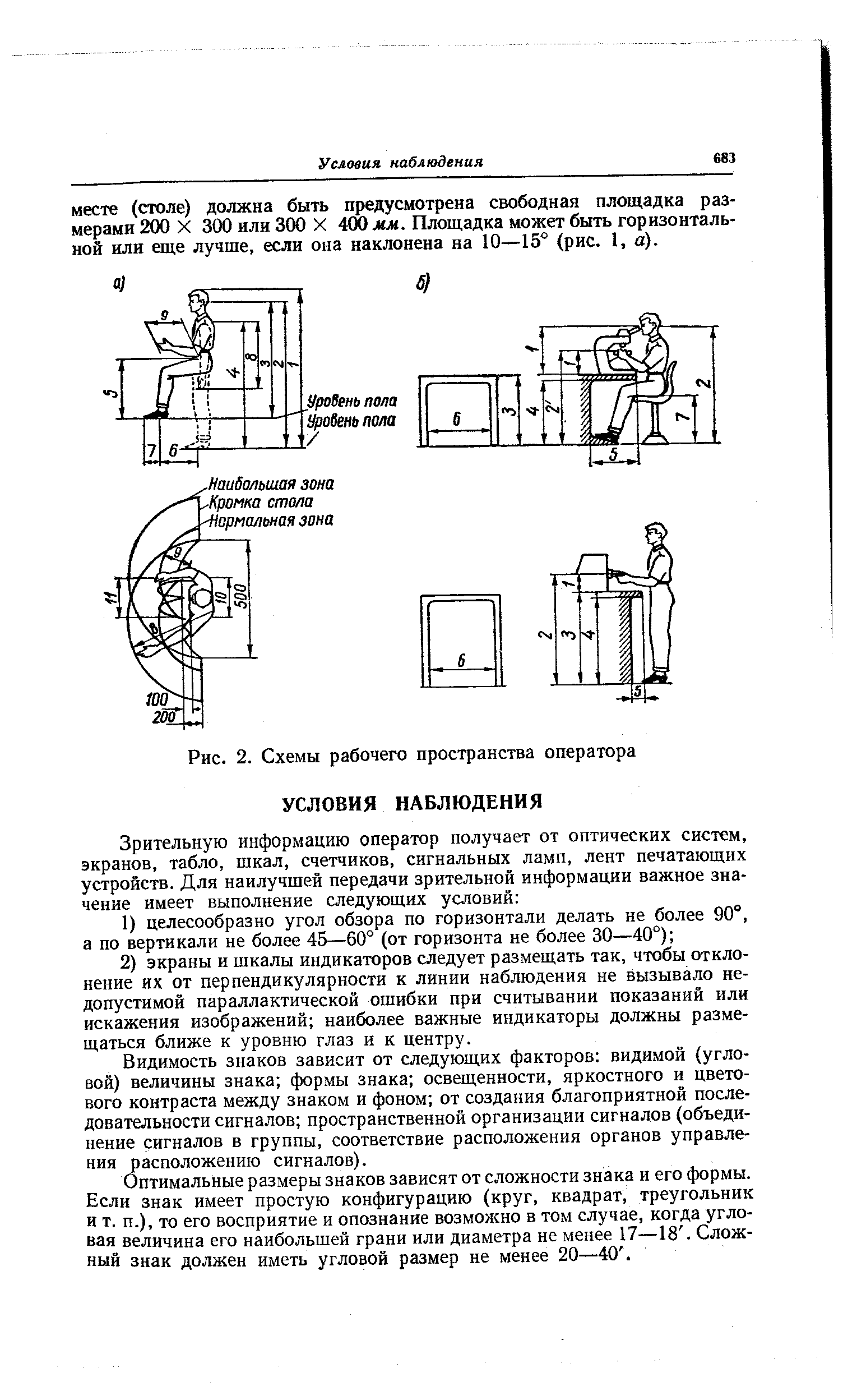 Видимость знаков зависит от следующих факторов видимой (угловой) величины знака формы знака освещенности, яркостного и цветового контраста между знаком и фоном от создания благоприятной последовательности сигналов пространственной организации сигналов (объединение сигналов в группы, соответствие расположения органов управления расположению сигналов).
