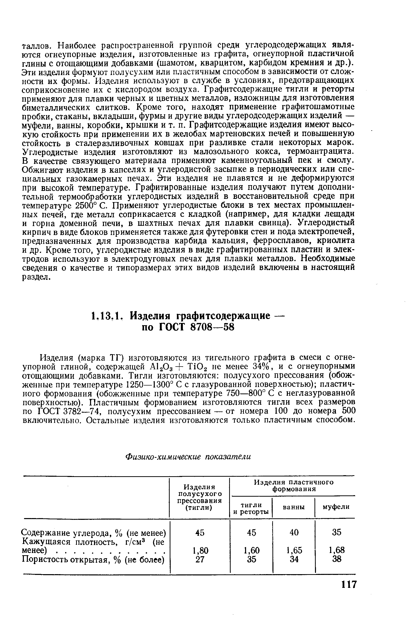 Изделия (марка ТГ) изготовляются из тигельного графита в смеси с огнеупорной глиной, содержащей А12О3+ Т102 не менее 34%, и с огнеупорными отощающими добавками. Тигли изготовляются полусухого прессования (обожженные при температуре 1250—1300 С с глазурованной поверхностью) пластичного формования (обожженные при температуре 750—800° С с неглазурованной поверхностью). Пластичным формованием изготовляются тигли всех размеров по ГОСТ 3782—74, полусухим прессованием — от номера 100 до номера 500 включительно. Остальные изделия изготовляются только пластичным способом.
