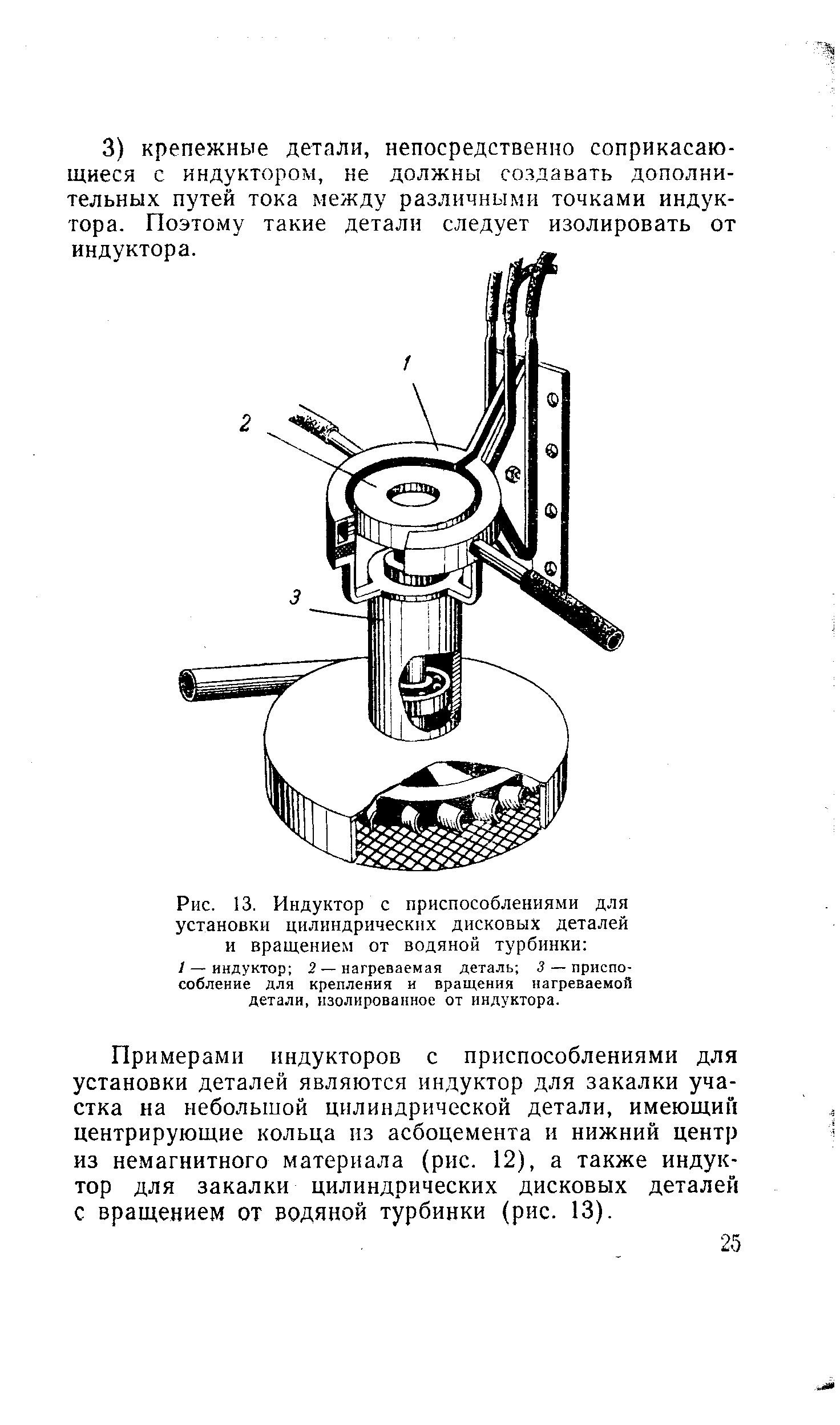 Примерами индукторов с приспособлениями для установки деталей являются индуктор для закалки участка на небольшой щ1линдрической детали, имеющий центрирующие кольца пз асбоцемента и нижний центр из немагнитного материала (рнс. 12), а также индуктор для закалки цилиндрических дисковых деталей с вращением от водяной турбинки (рис. 13).
