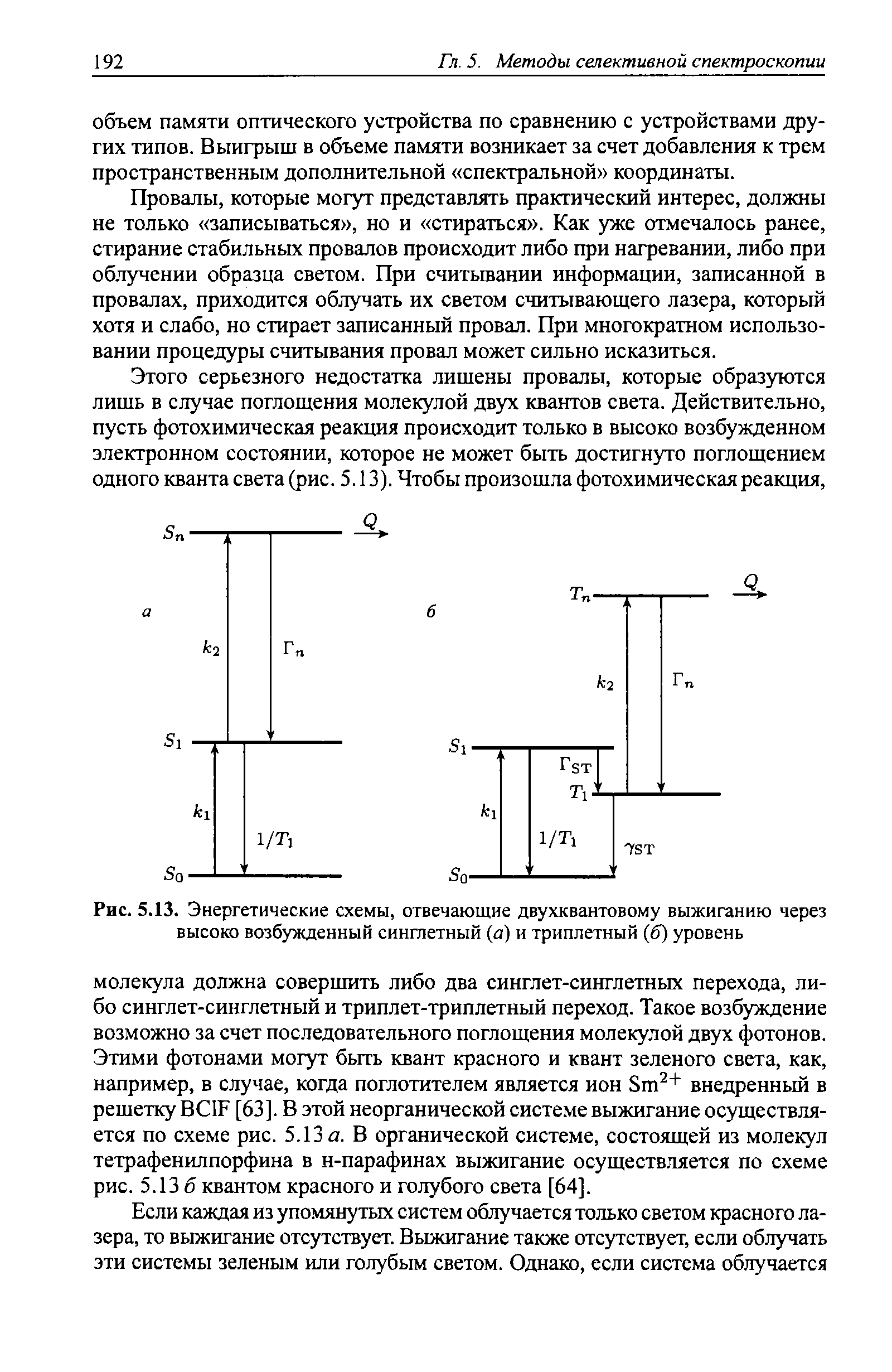 Рис. 5.13. Энергетические схемы, отвечающие двухквантовому выжиганию через высоко <a href="/info/361584">возбужденный синглетный</a> (а) и триплетный (б) уровень
