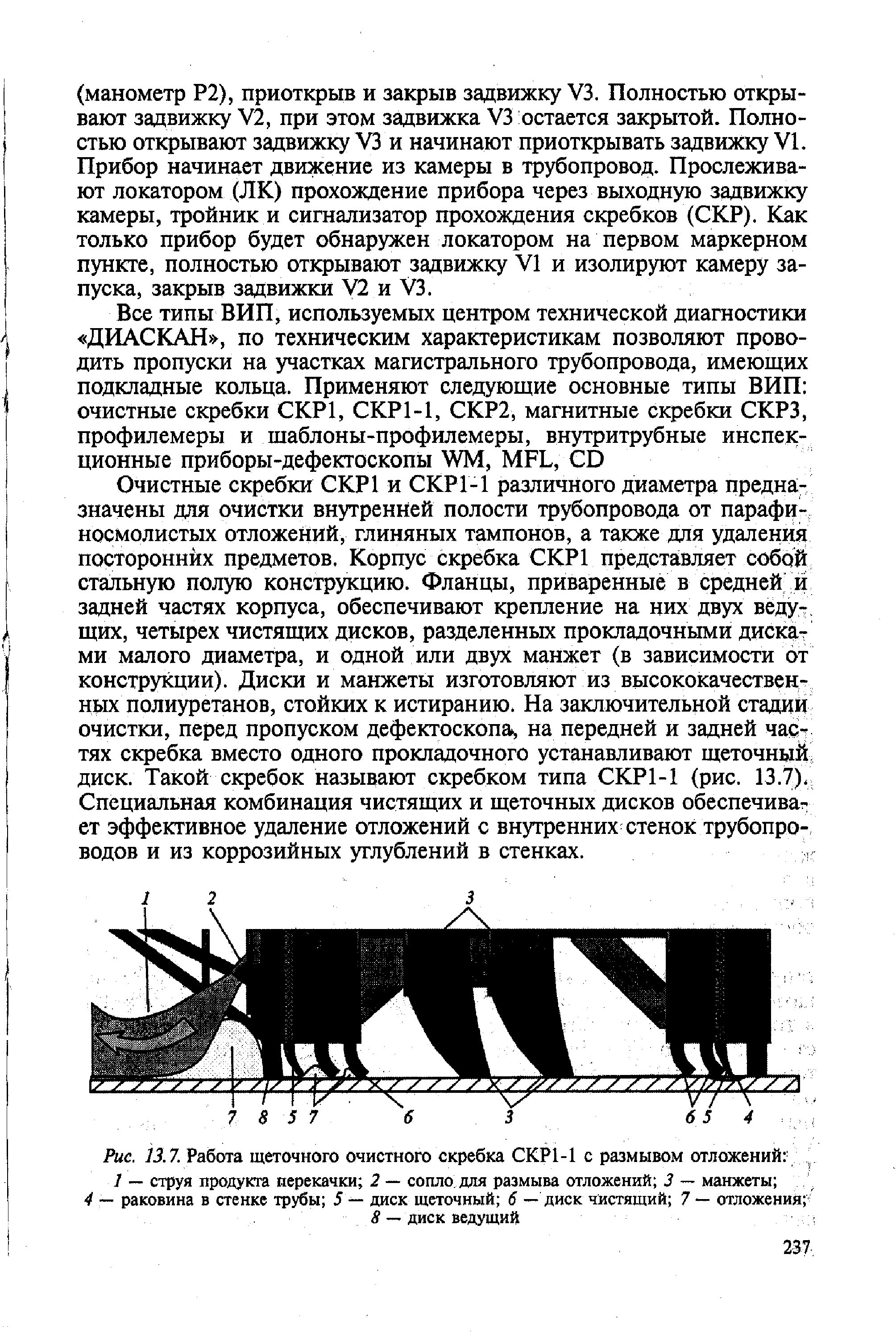 Рис. 13.7. Работа щеточного очистного скребка СКР1-1 с размывом отложений 1 — струя продукта перекачки 2 — сопло для размыва отложений 3 — манжеты 
