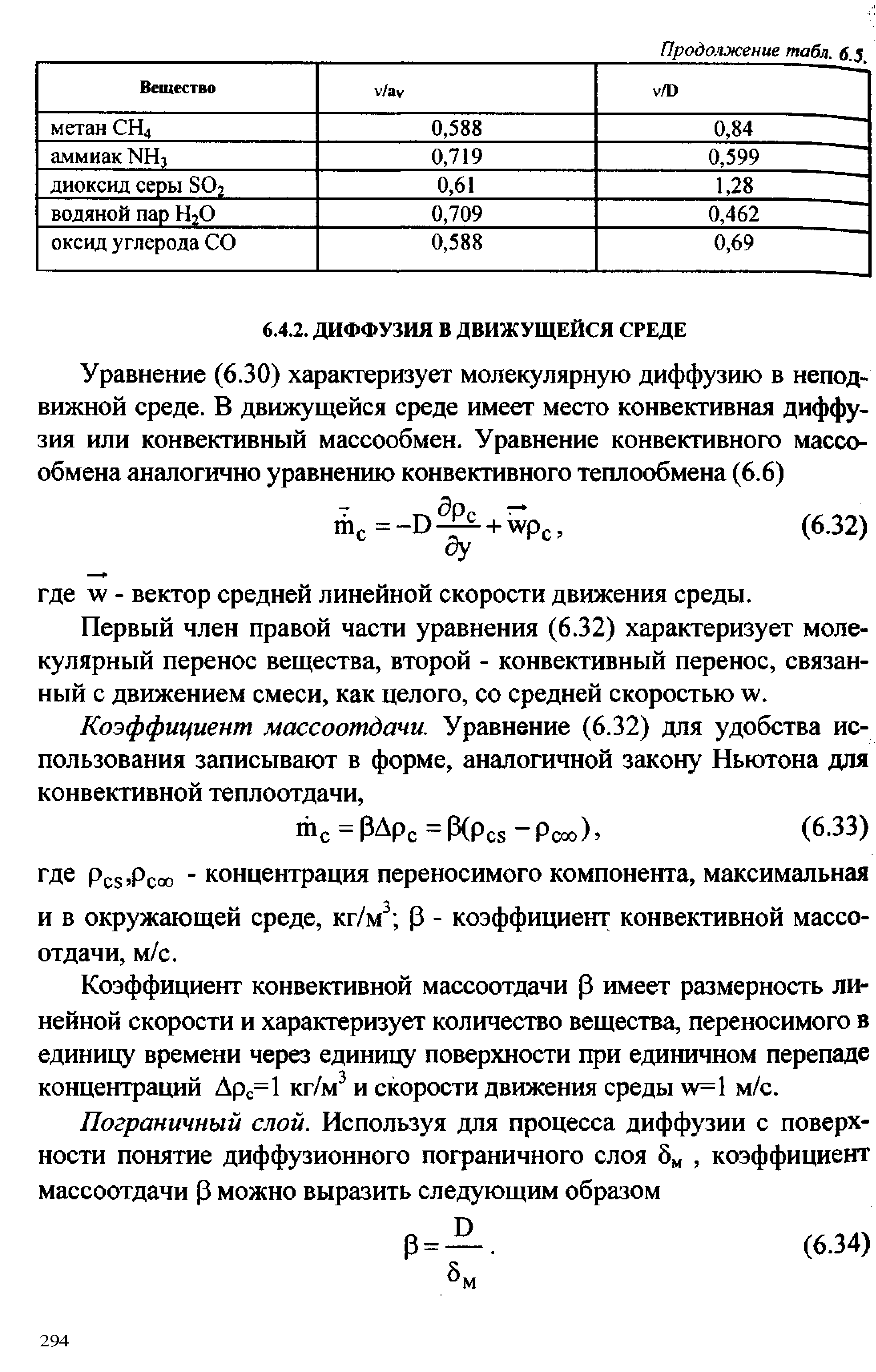 Первый член правой части уравнения (6.32) характеризует молекулярный перенос вещества, второй - конвективный перенос, связанный с движением смеси, как целого, со средней скоростью у.
