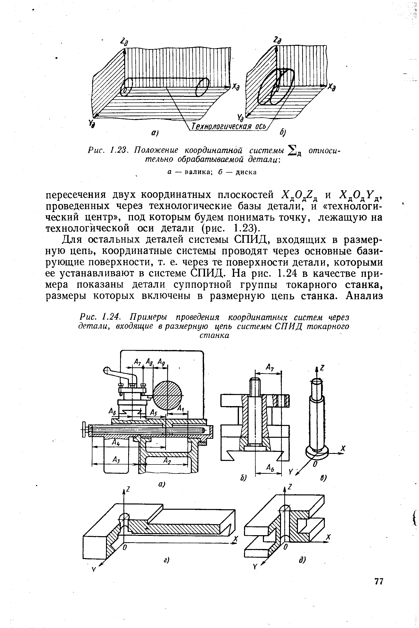 Рис. 1.24. Примеры проведения координатных систем через детали, входящие в <a href="/info/3214">размерную цепь</a> системы СПИД токарного
