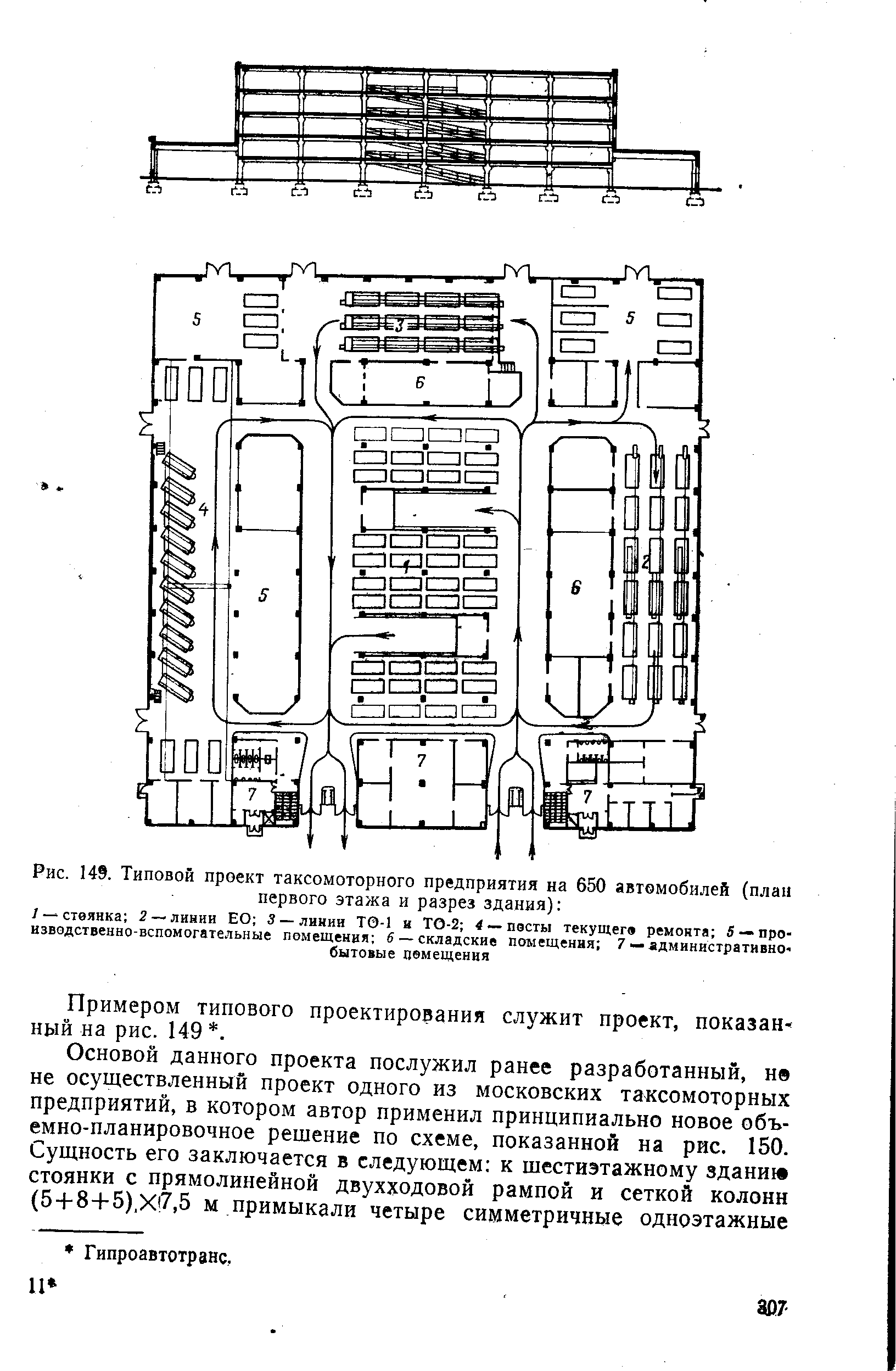 Рис. 149. <a href="/info/207388">Типовой проект</a> <a href="/info/640133">таксомоторного предприятия</a> на 650 автомобилей (план первого этажа и разрез здания) 
