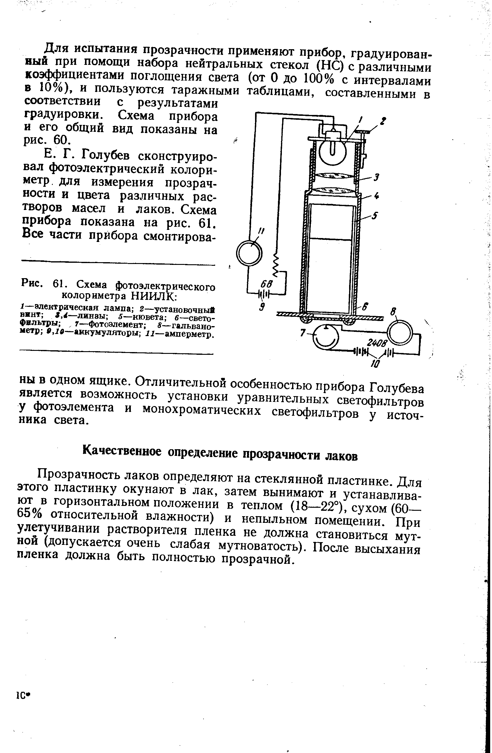 Прозрачность лаков определяют на стеклянной пластинке. Для этого пластинку окунают в лак, затем вынимают и устанавливают в горизонтальном положении в теплом (18—22°), сухом (60— 65% относительной влажности) и непыльном помещении. При улетучивании растворителя пленка не должна становиться мутной (допускается очень слабая мутноватость). После высыхания пленка должна быть полностью прозрачной.
