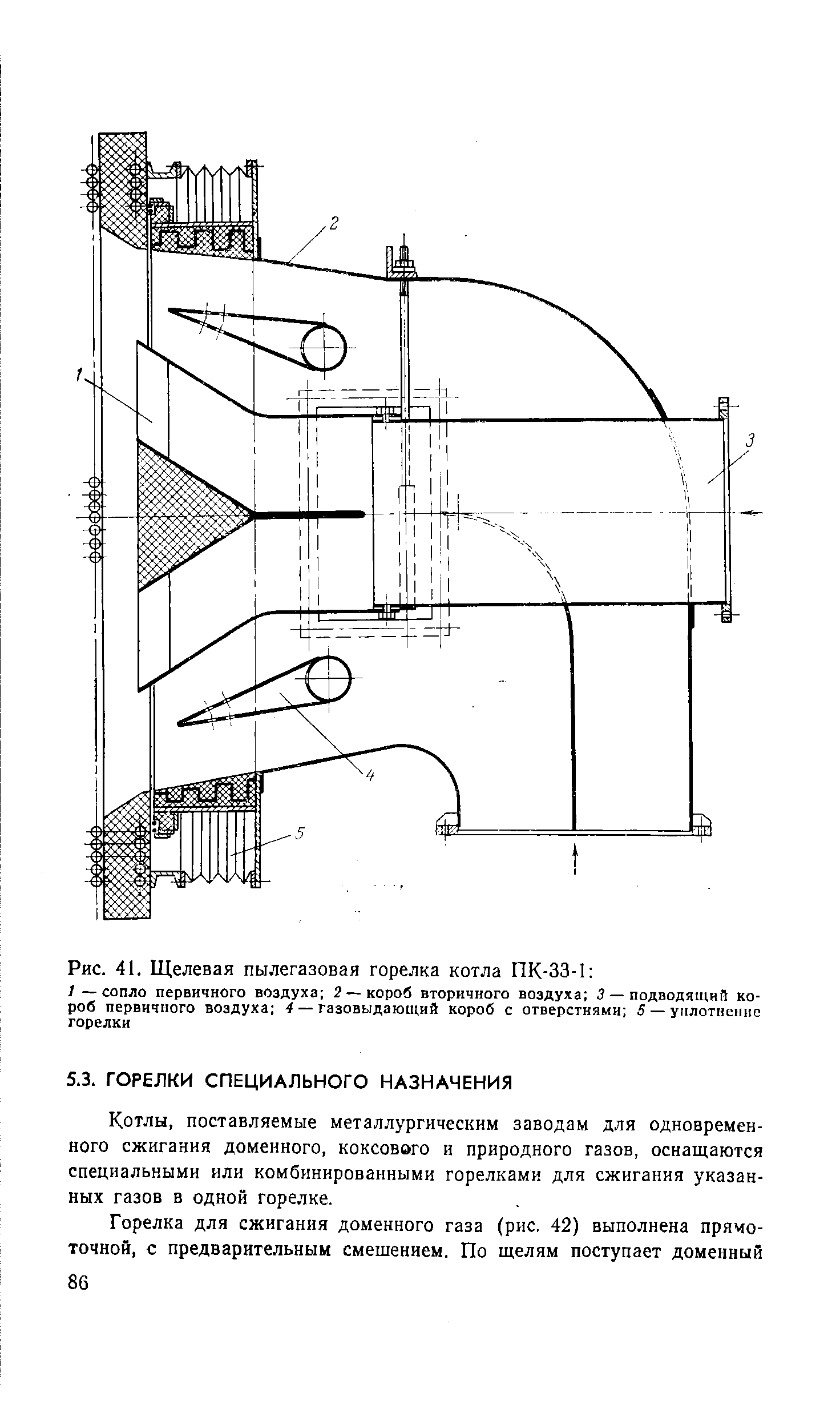 Рис. 41. Щелевая пылегазовая горелка котла ПК-33-1 
