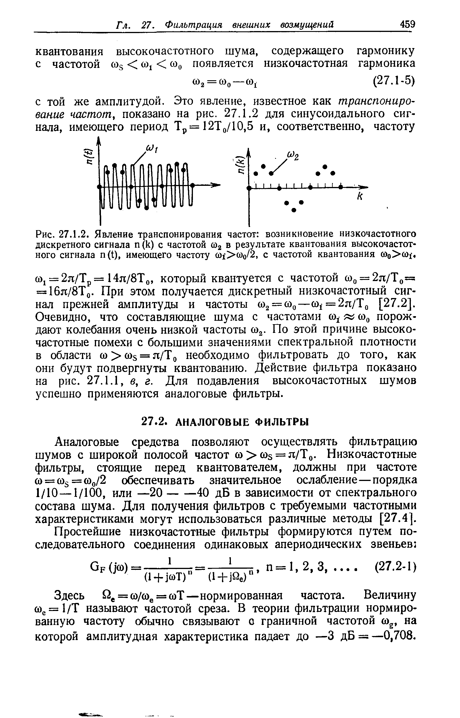 Рис. 27.1.2. Явление транспонирования частот возникновение низкочастотного <a href="/info/109510">дискретного сигнала</a> п (к) с частотой сОг в результате квантования высокочастотного сигнала n(t), имеющего частоту (и >щ12, с частотой квантования 0o> 0f,
