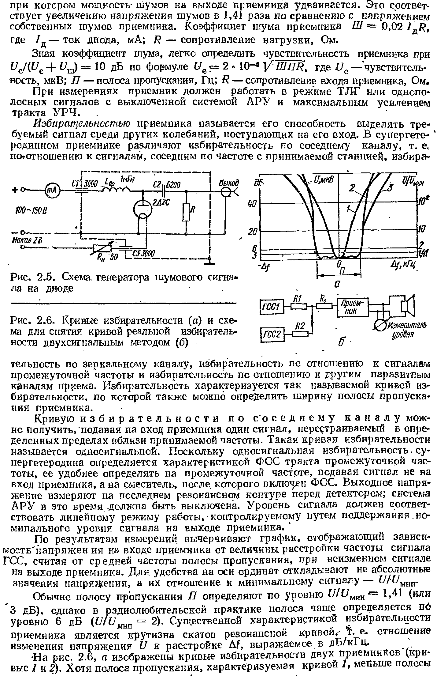 Рис. 2.6. Кривые избирательности (а) и схема для снятия кривой реальной избирательности двухсигнальным методом (б)
