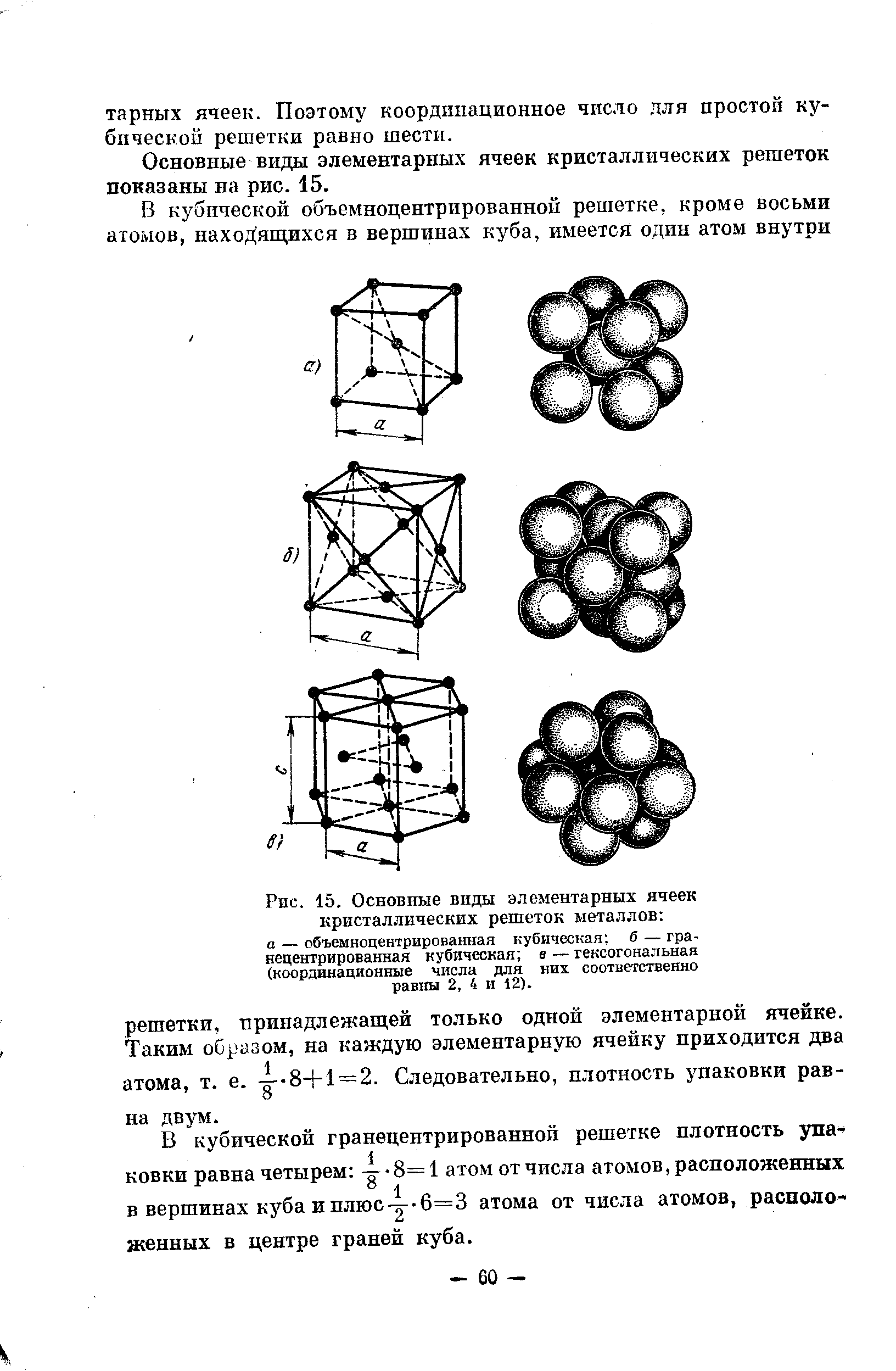 Рис. 15. <a href="/info/4442">Основные виды</a> элементарных ячеек кристаллических решеток металлов а — объемноцентрированная кубическая б — гра-нецентрированная кубическая в — гексогональная (<a href="/info/1552">координационные числа</a> для них соответственно рав1Ш 2, 4 и 12).
