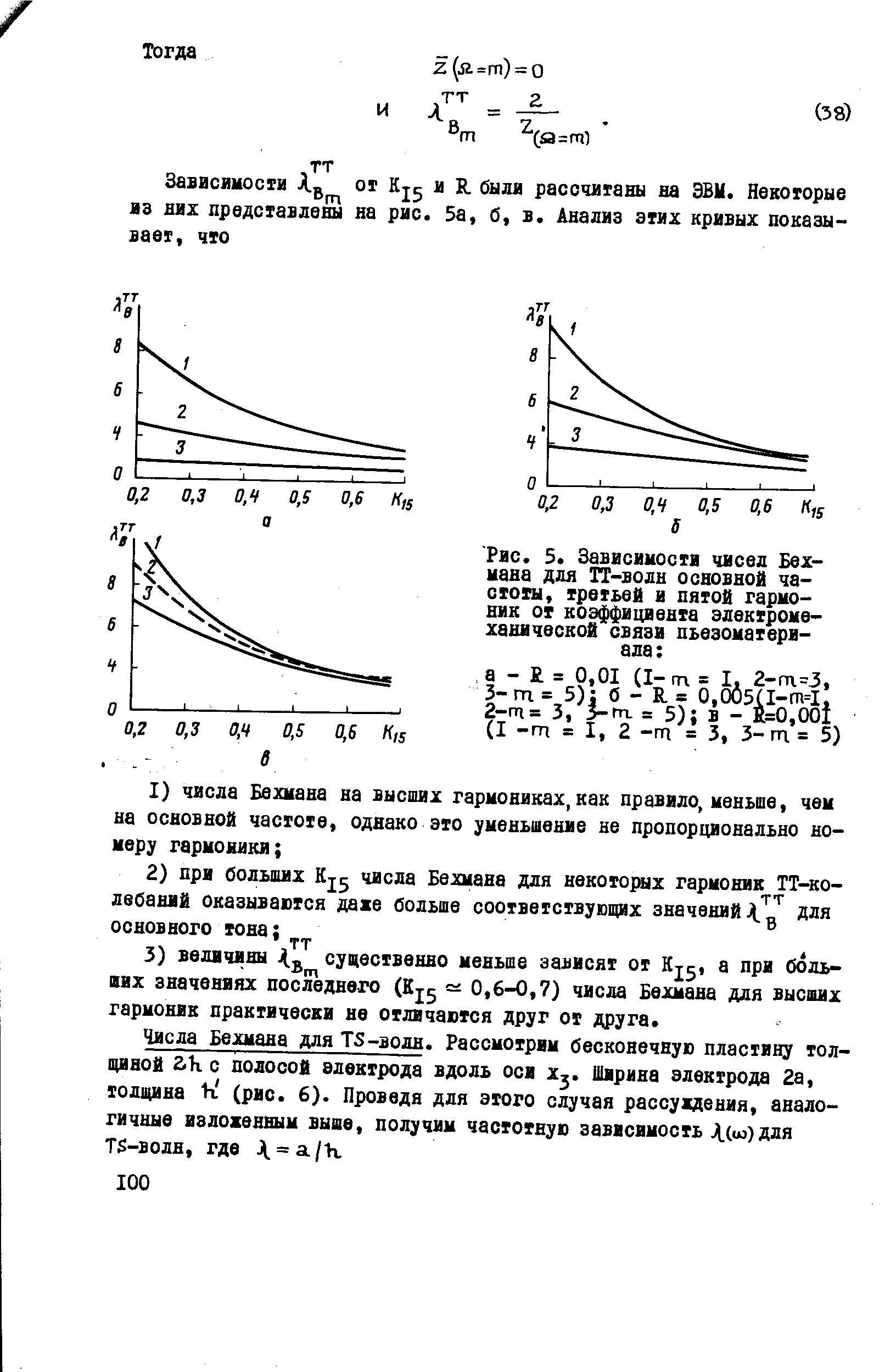 Рис. 5. Зависимости чисел Бех-мана для ТТ-волн <a href="/info/19534">основной частоты</a>, третьей и пятой гармоник от коэффициента электроме-ханической связи пьеэоматери-ала 
