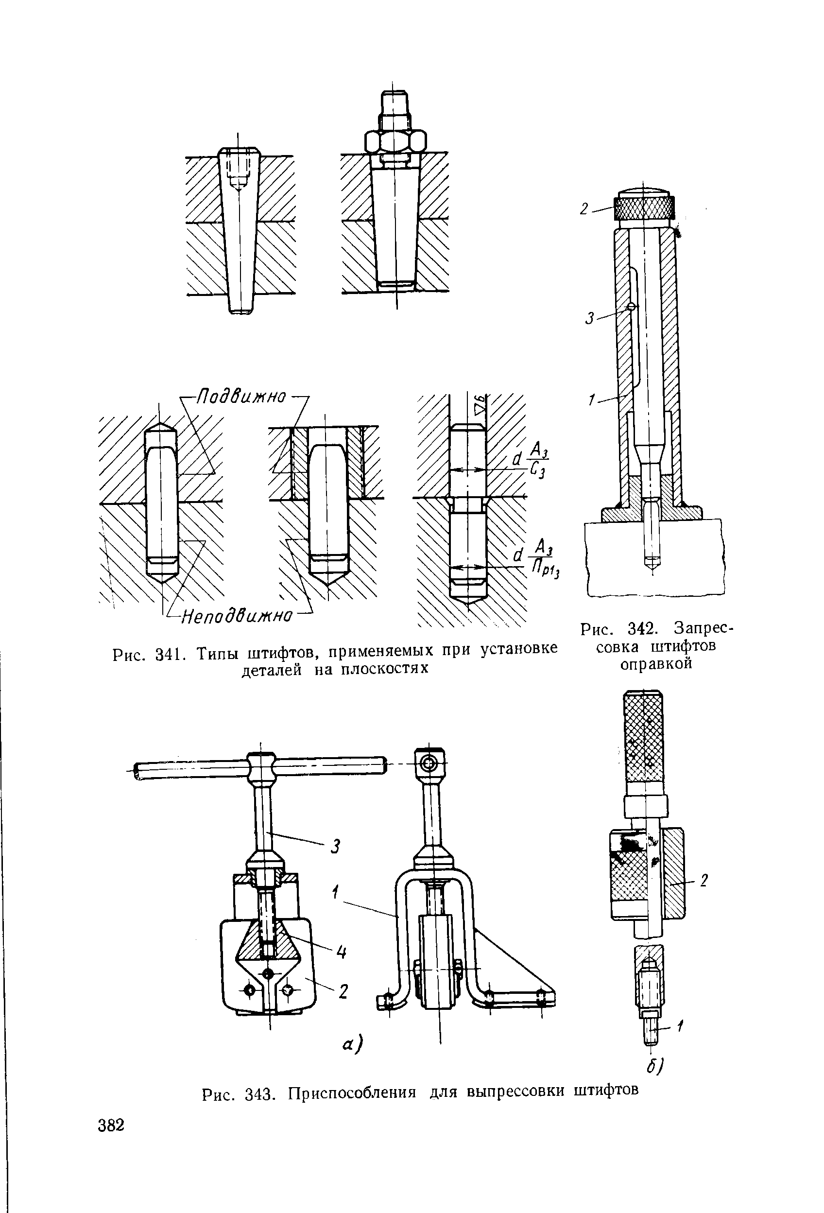 Рис. 342. Запрес-341. Типы штифтов, применяемых при установке совка штифтов деталей на плоскостях оправкой
