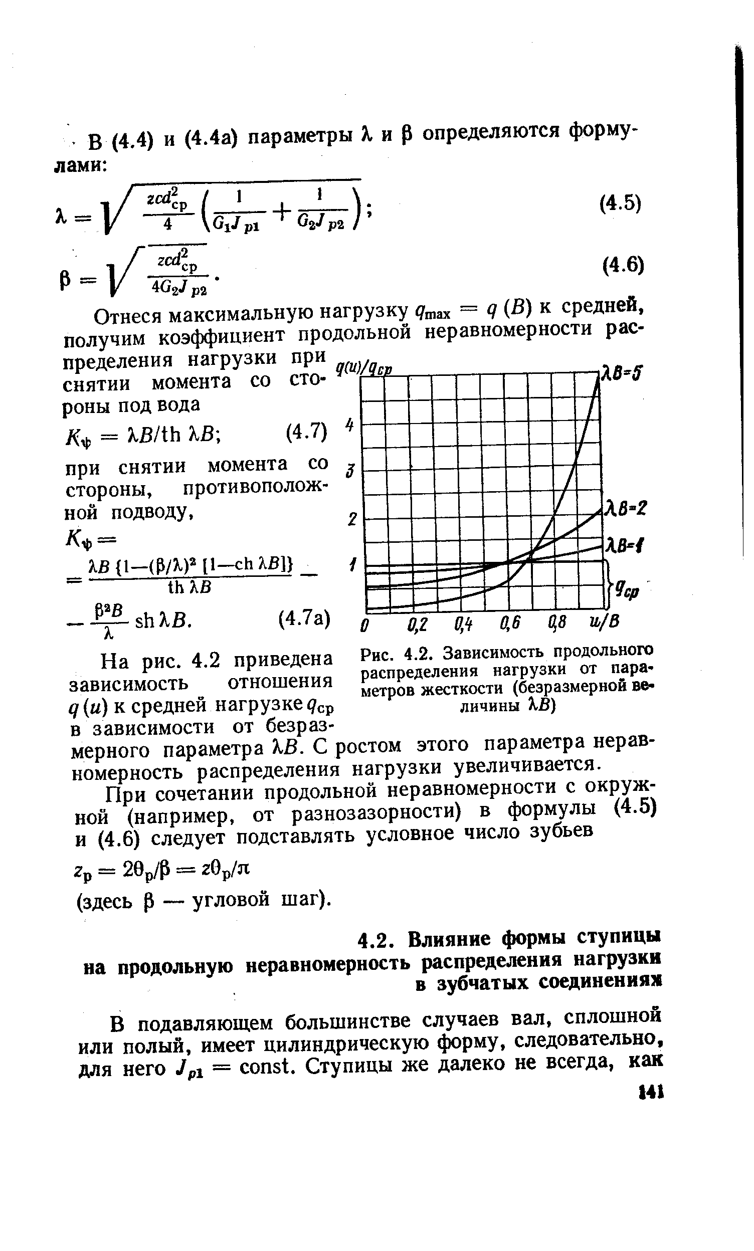 Рис. 4.2. Зависимость продольного распределения нагрузки от параметров жесткостн (безразмерной величины ХВ)
