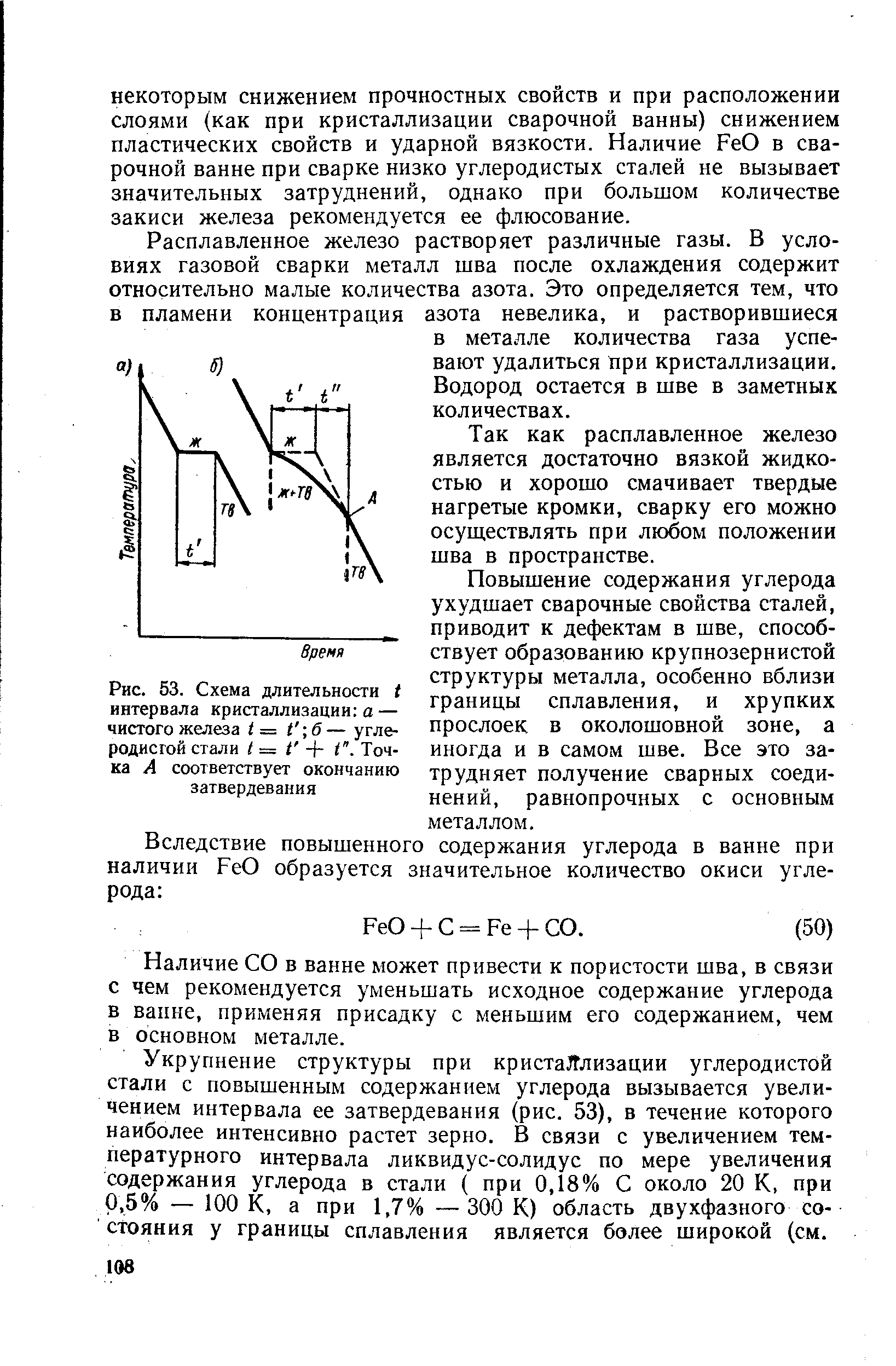 Рис. 53. Схема длительности / интервала кристаллизации а — чистого железа 1= 1 6— <a href="/info/6795">углеродистой стали</a> 1= I + С. Точка А соответствует окончанию затвердевания
