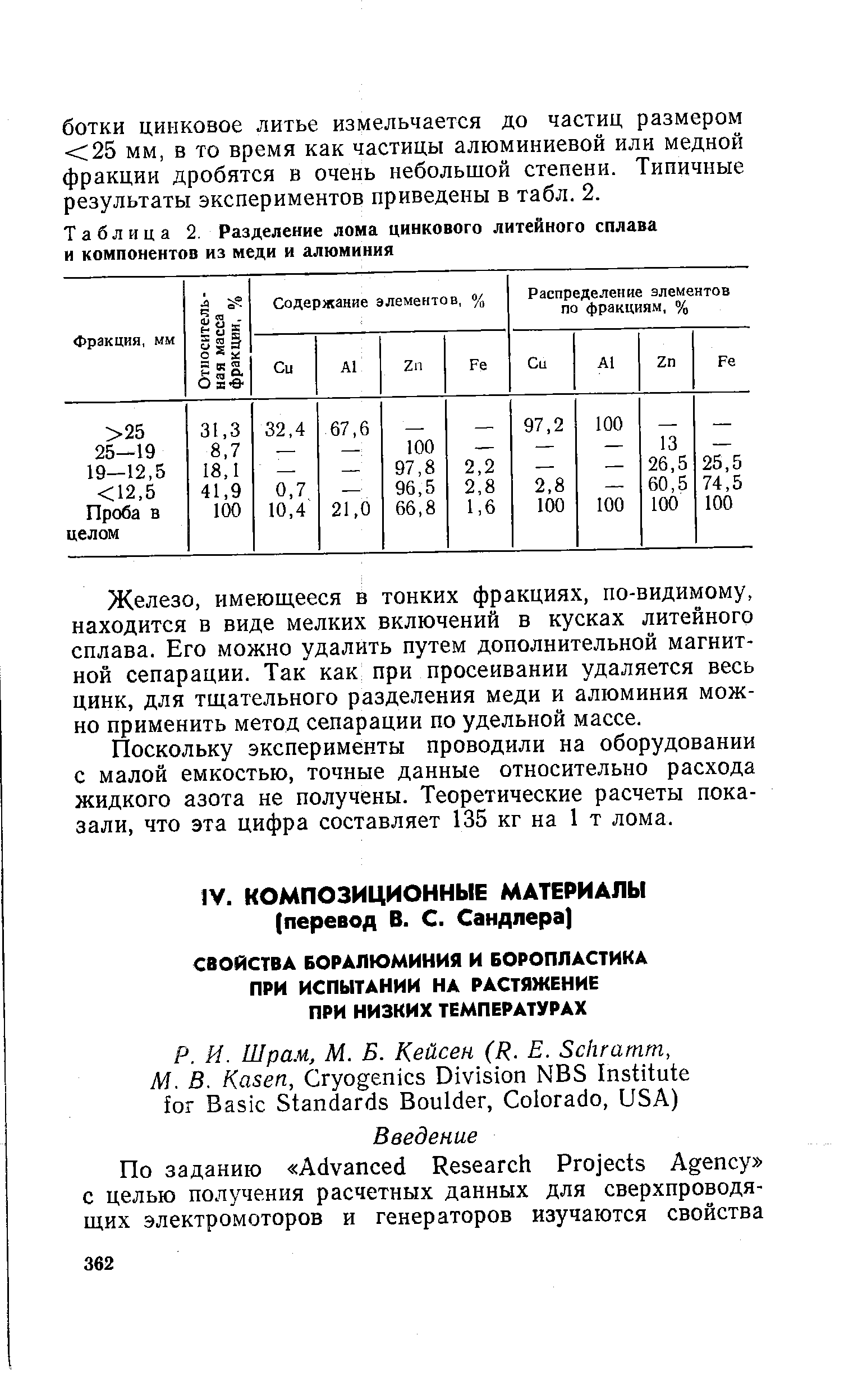 Таблица 2 Разделение лома цинкового <a href="/info/126426">литейного сплава</a> и компонентов из меди и алюминия
