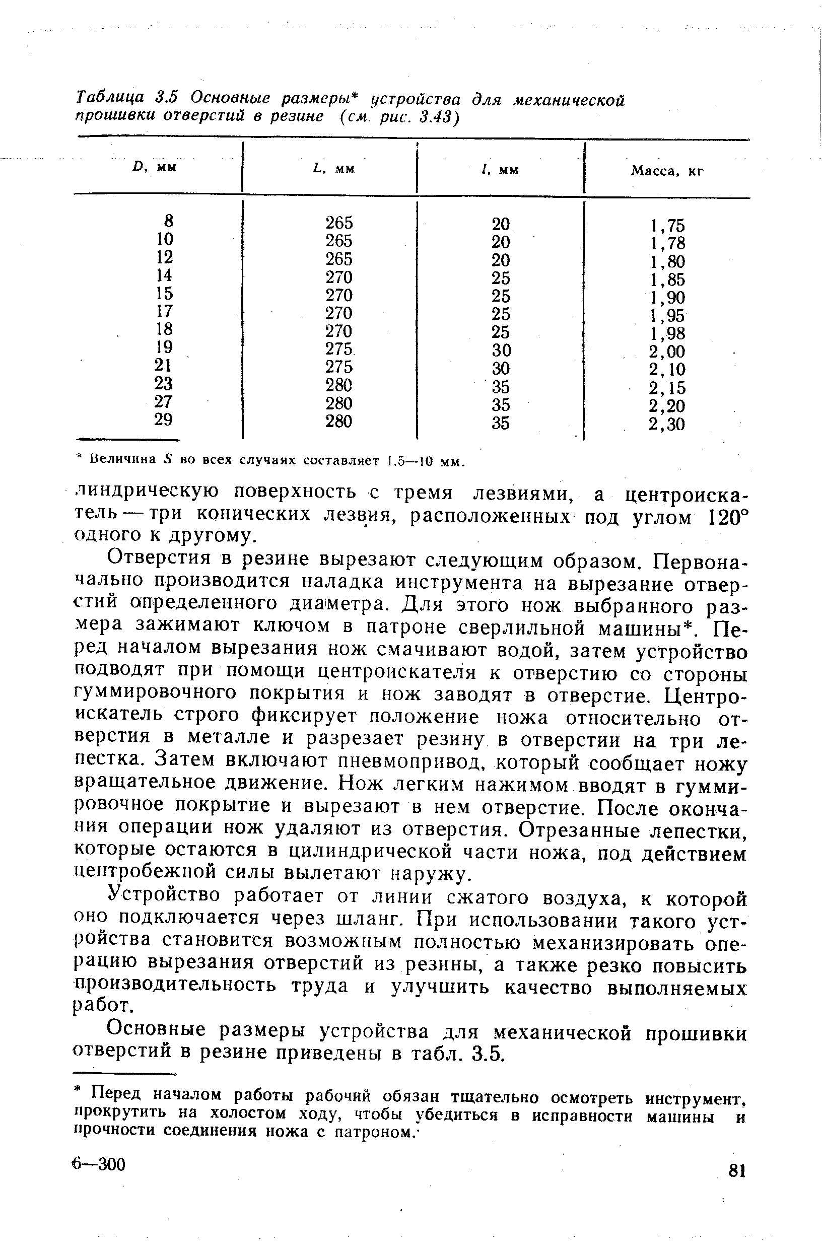 Отверстия в резине вырезают следующим образом. Первоначально производится наладка инструмента на вырезание отверстий определенного диаметра. Для этого нож выбранного размера зажимают ключом в патроне сверлильной машины. Перед началом вырезания нож смачивают водой, затем устройство подводят при помощи центроискателя к отверстию со стороны гуммировочного покрытия и нож заводят в отверстие. Центроискатель строго фиксирует положение ножа относительно отверстия в металле и разрезает резину в отверстии на три лепестка. Затем включают пневмопривод, который сообщает ножу вращательное движение. Нож легким нажимом вводят в гуммировочное покрытие и вырезают в нем отверстие. После окончания операции нож удаляют из отверстия. Отрезанные лепестки, которые остаются в цилиндрической части ножа, под действием центробежной силы вылетают наружу.
