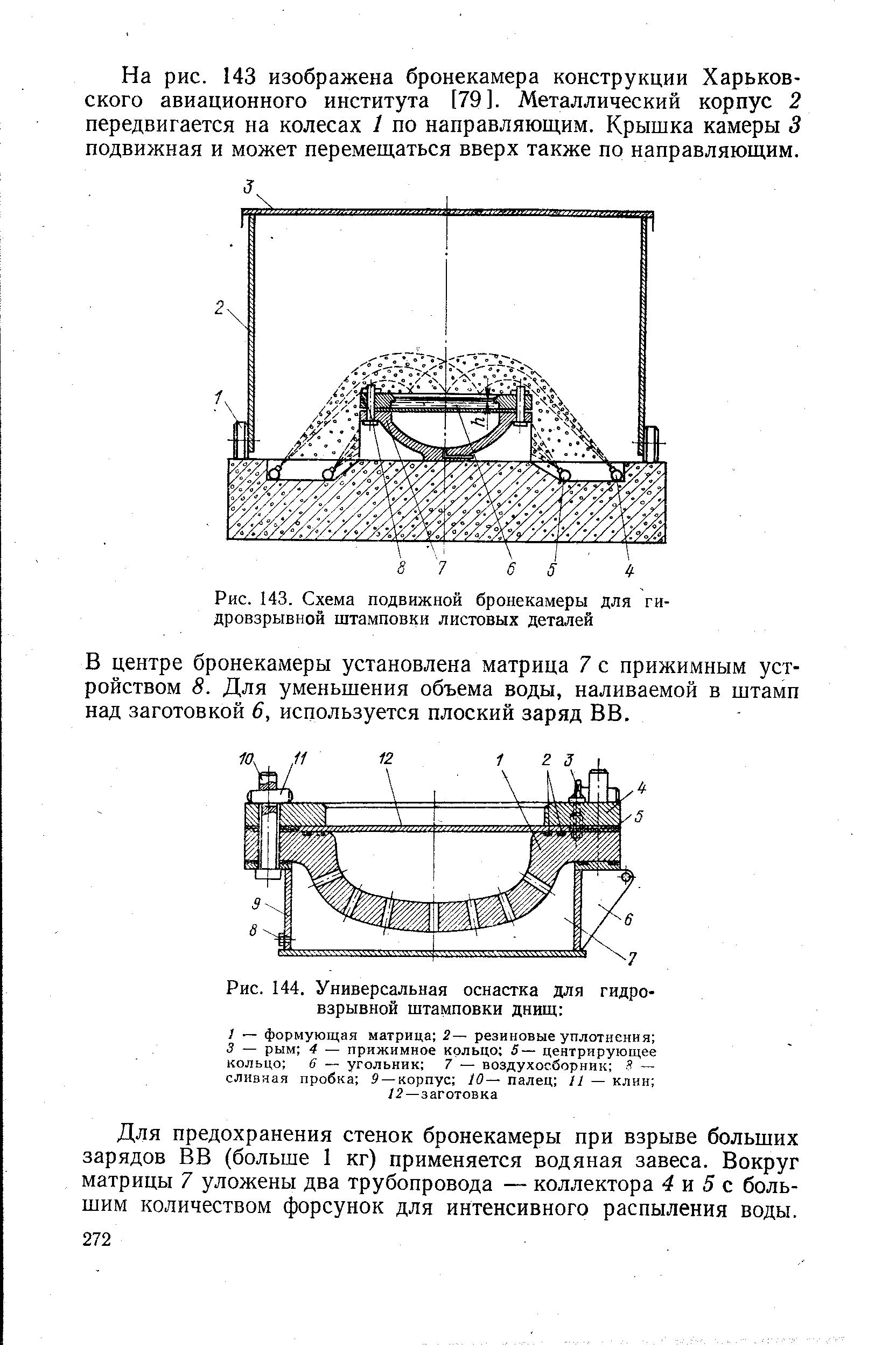 Рис. 143. Схема подвижной бронекамеры для гидровзрывной штамповки листовых деталей
