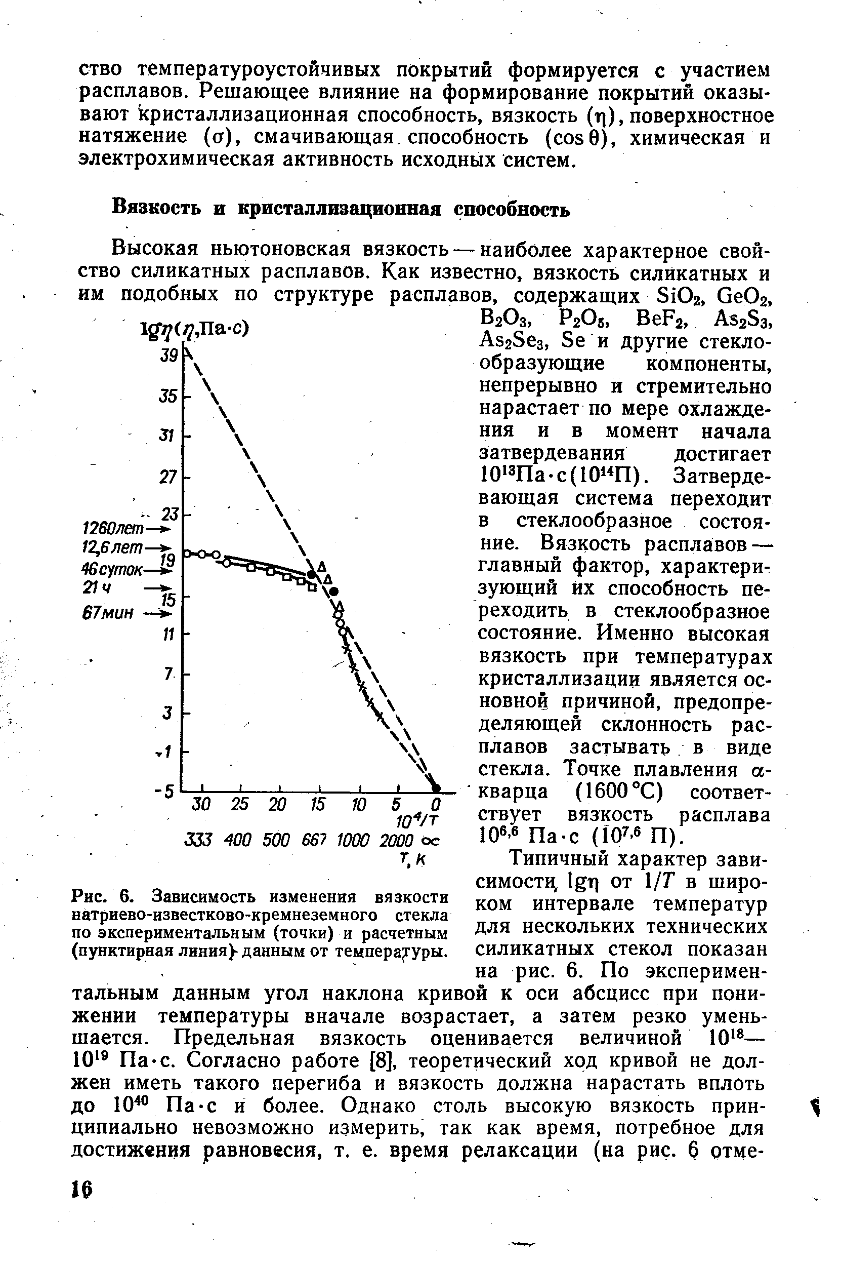 Зависимость изменения вязкости натриево-известково-кремнеземного стекла по экспериментальным (точки) и расчетным (пунктирная линия)- данным от темпера гуры.
