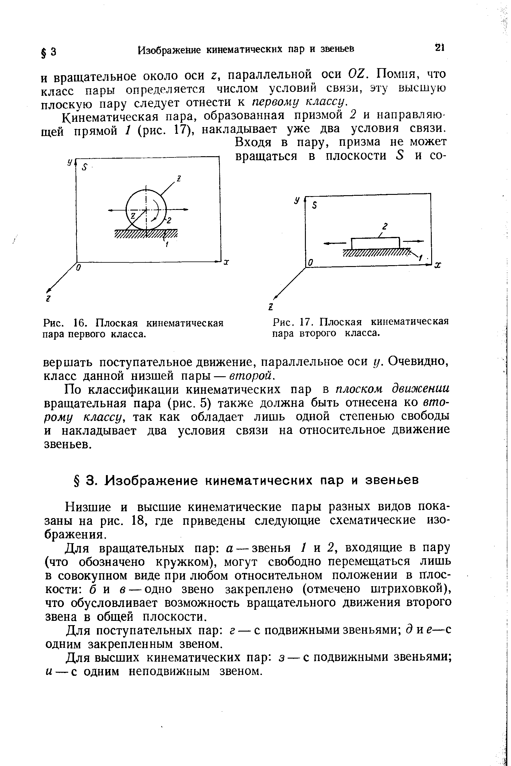 Низшие и высшие кинематические пары разных видов показаны на рис. 18, где приведены следующие схематические изображения.
