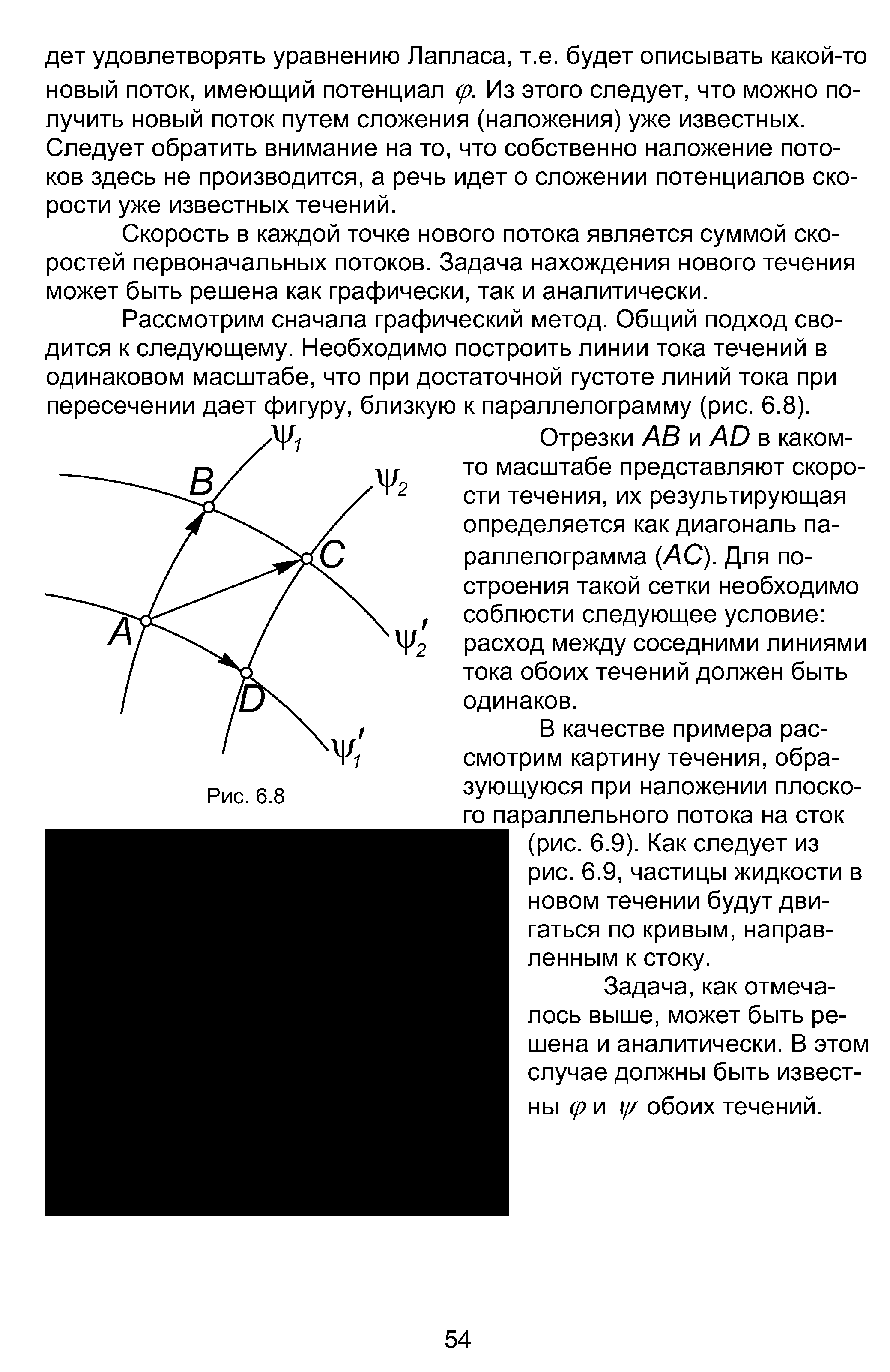 Скорость в каждой точке нового потока является суммой скоростей первоначальных потоков. Задача нахождения нового течения может быть решена как графически, так и аналитически.
