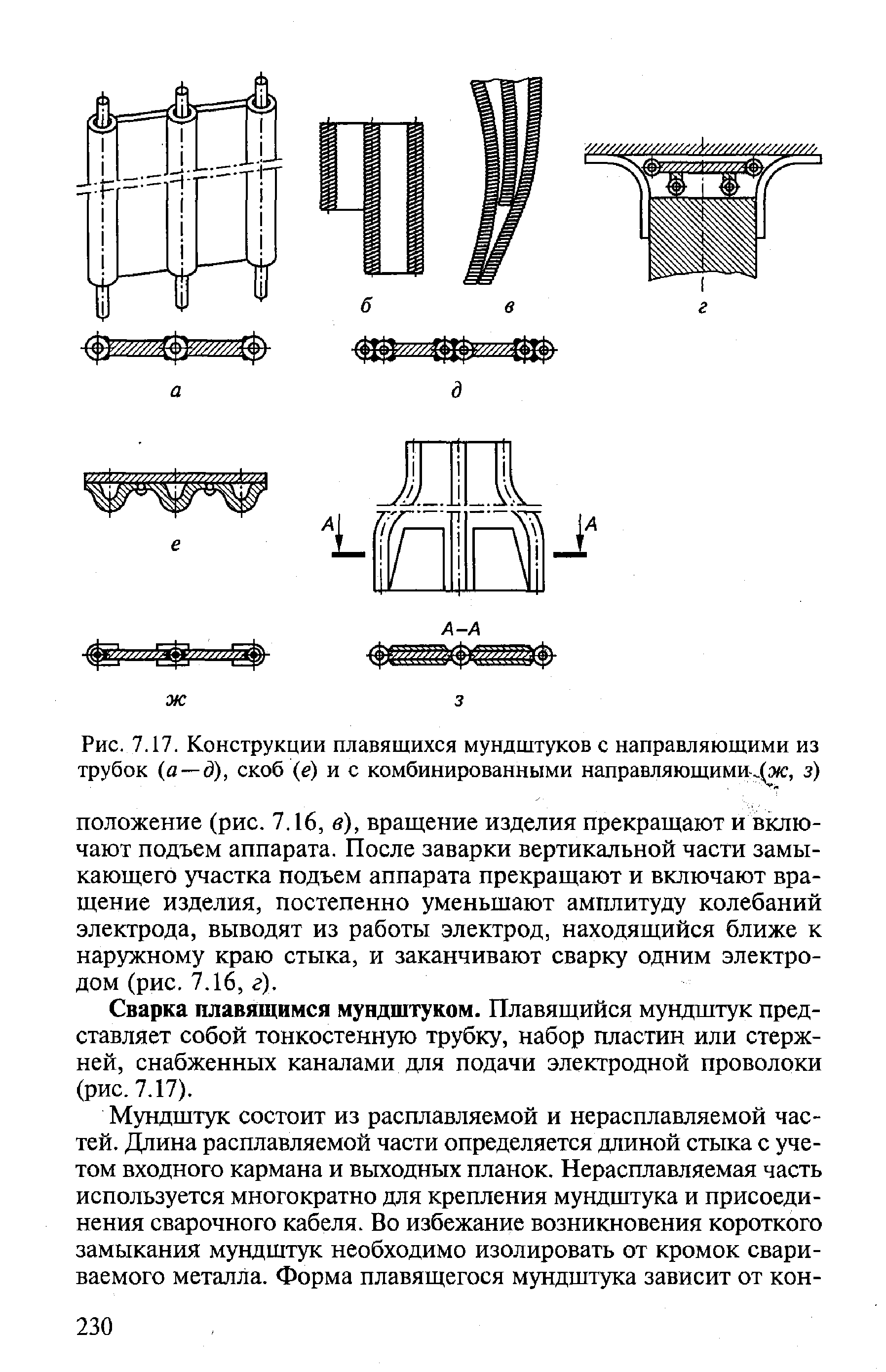 Рис. 7.17. Конструкции плавящихся мундштуков с направляющими из трубок а — д), скоб (е) и с комбинированными направляющими (ж, з)
