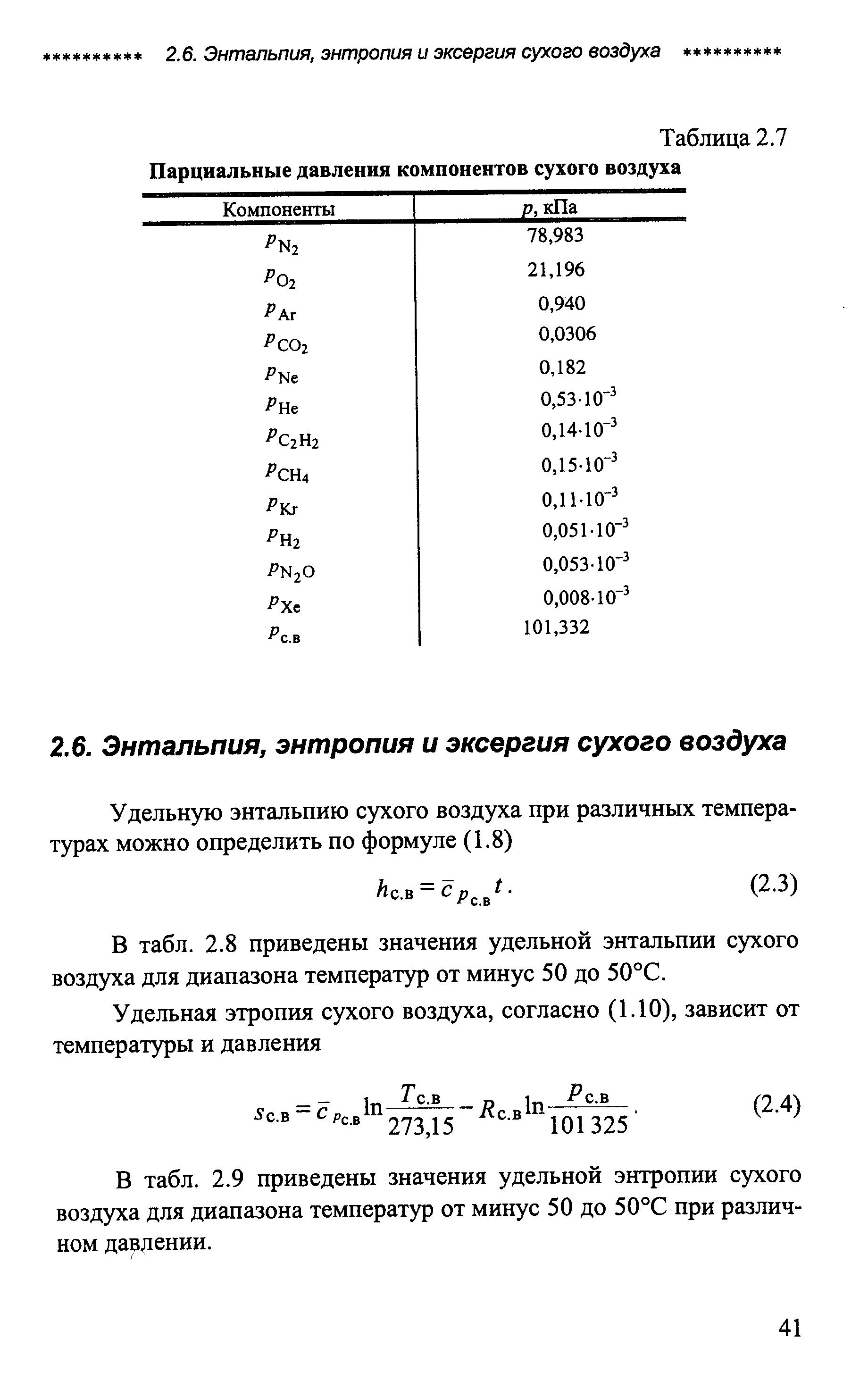 В табл. 2.8 приведены значения удельной энтальпии сухого воздуха для диапазона температур от минус 50 до 50°С.
