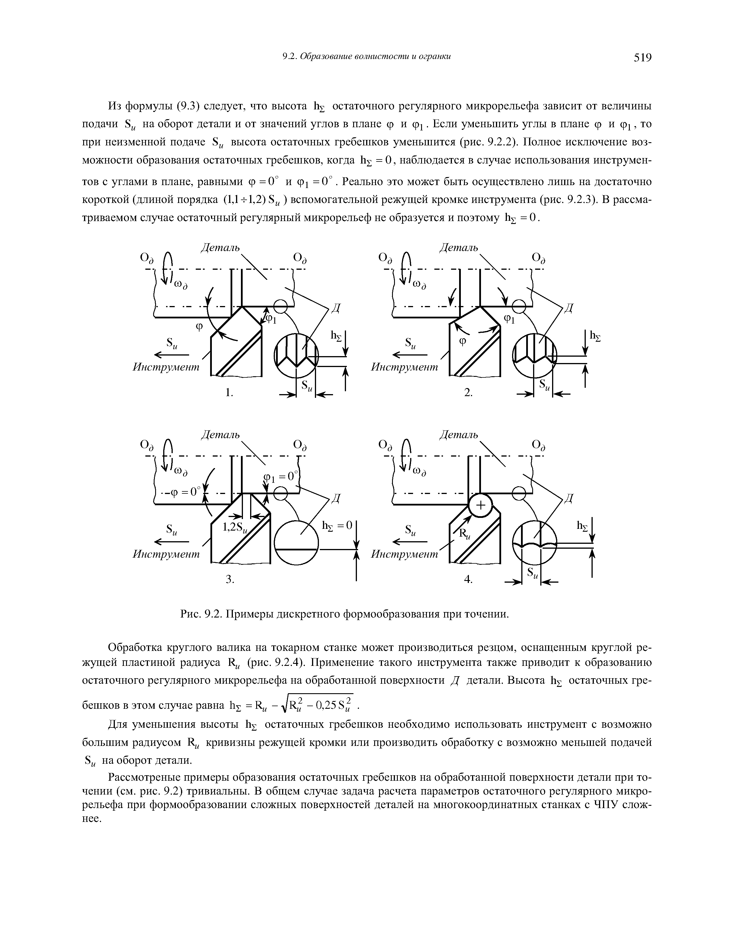 Из формулы (9.3) следует, что высота остаточного регулярного микрорельефа зависит от величины подачи на оборот детали и от значений углов в плане ф и. Если уменьшить углы в плане ф и ф , то при неизменной подаче высота остаточных гребешков уменьшится (рис. 9.2.2). Полное исключение возможности образования остаточных гребешков, когда = О, наблюдается в случае использования инструментов с углами в плане, равными ф =0° и ф =0°. Реально это может быть осуществлено лишь на достаточно короткой (длиной порядка (1,1 н-1,2) ) вспомогательной режущей кромке инструмента (рис. 9.2.3). В рассматриваемом случае остаточный регулярный микрорельеф не образуется и поэтому = О.
