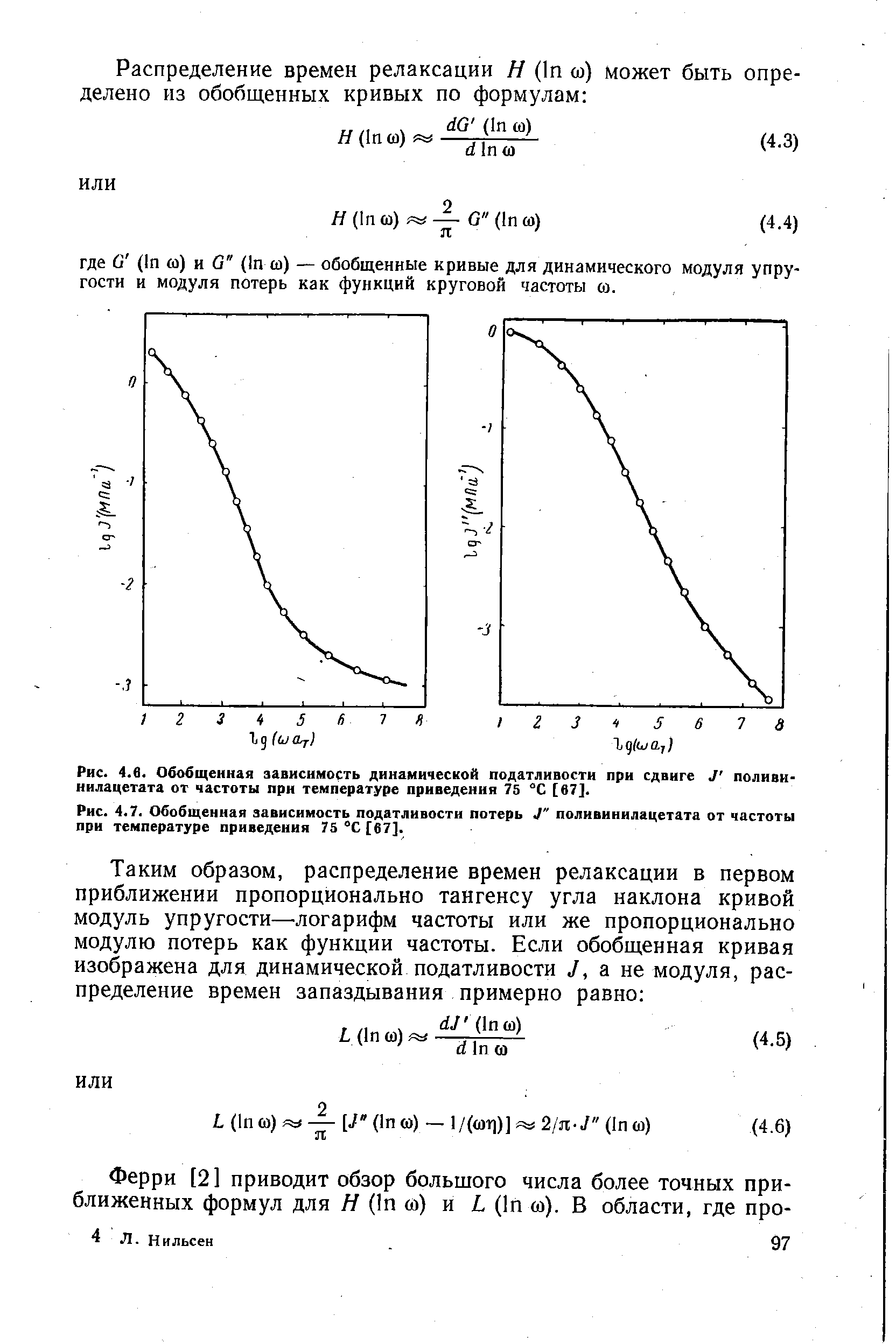 Рис. 4.7. Обобщенная зависимость податливости потерь J" поливинилацетата от частоты при температуре приведения 75 [67].

