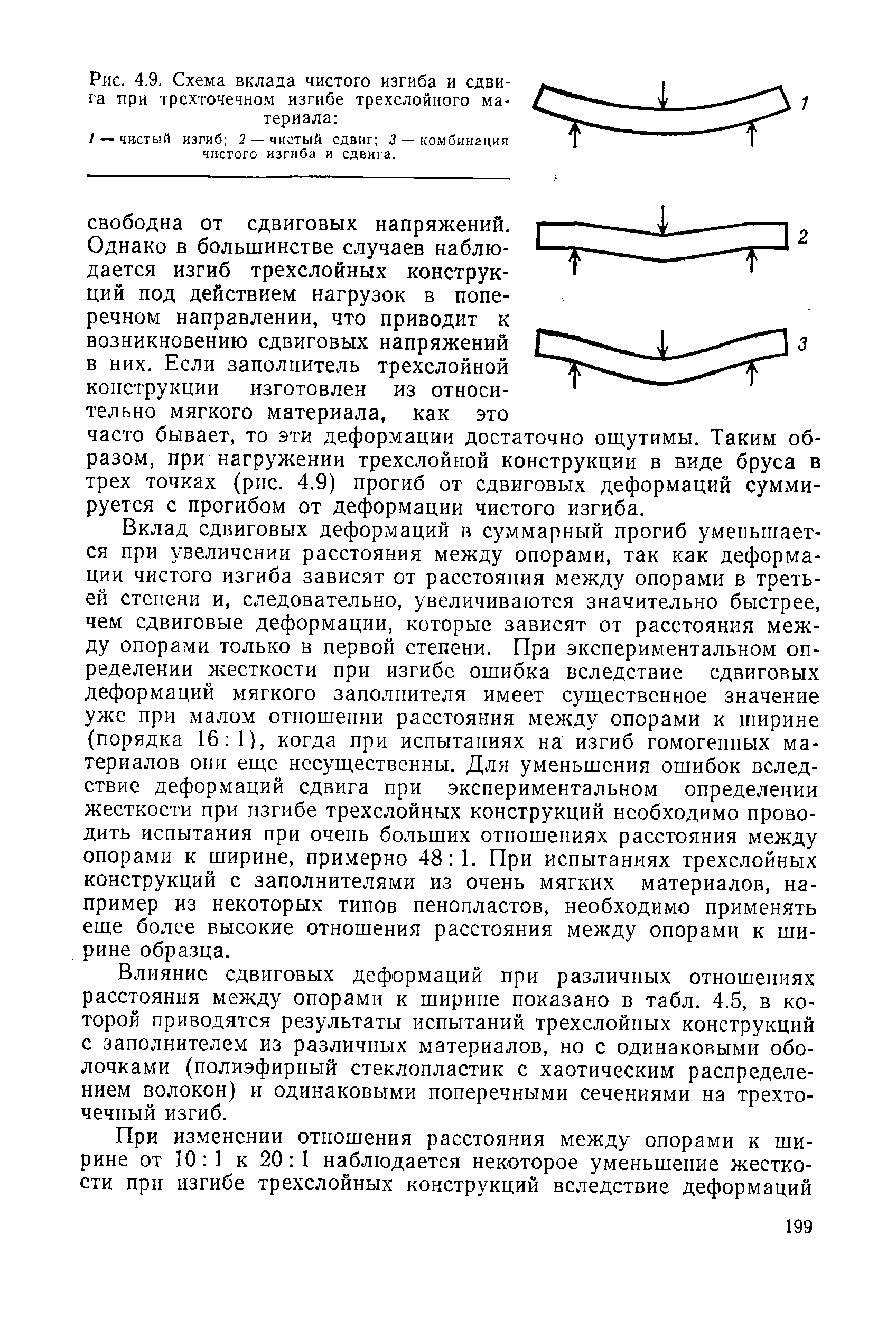 Вклад сдвиговых деформаций в суммарный прогиб уменьшается при увеличении расстояния между опорами, так как деформации чистого изгиба зависят от расстояния между опорами в третьей степени и, следовательно, увеличиваются значительно быстрее, чем сдвиговые деформации, которые зависят от расстояния между опорами только в первой степени. При экспериментальном определении жесткости при изгибе ошибка вследствие сдвиговых деформаций мягкого заполнителя имеет существенное значение уже при малом отношении расстояния между опорами к ширине (порядка 16 1), когда при испытаниях на изгиб гомогенных материалов они еще несущественны. Для уменьшения ошибок вследствие деформаций сдвига при экспериментальном определении жесткости при изгибе трехслойных конструкций необходимо проводить испытания при очень больших отношениях расстояния между опорами к ширине, примерно 48 1. При испытаниях трехслойных конструкций с заполнителями из очень мягких материалов, например из некоторых типов пенопластов, необходимо применять еще более высокие отношения расстояния между опорами к ширине образца.
