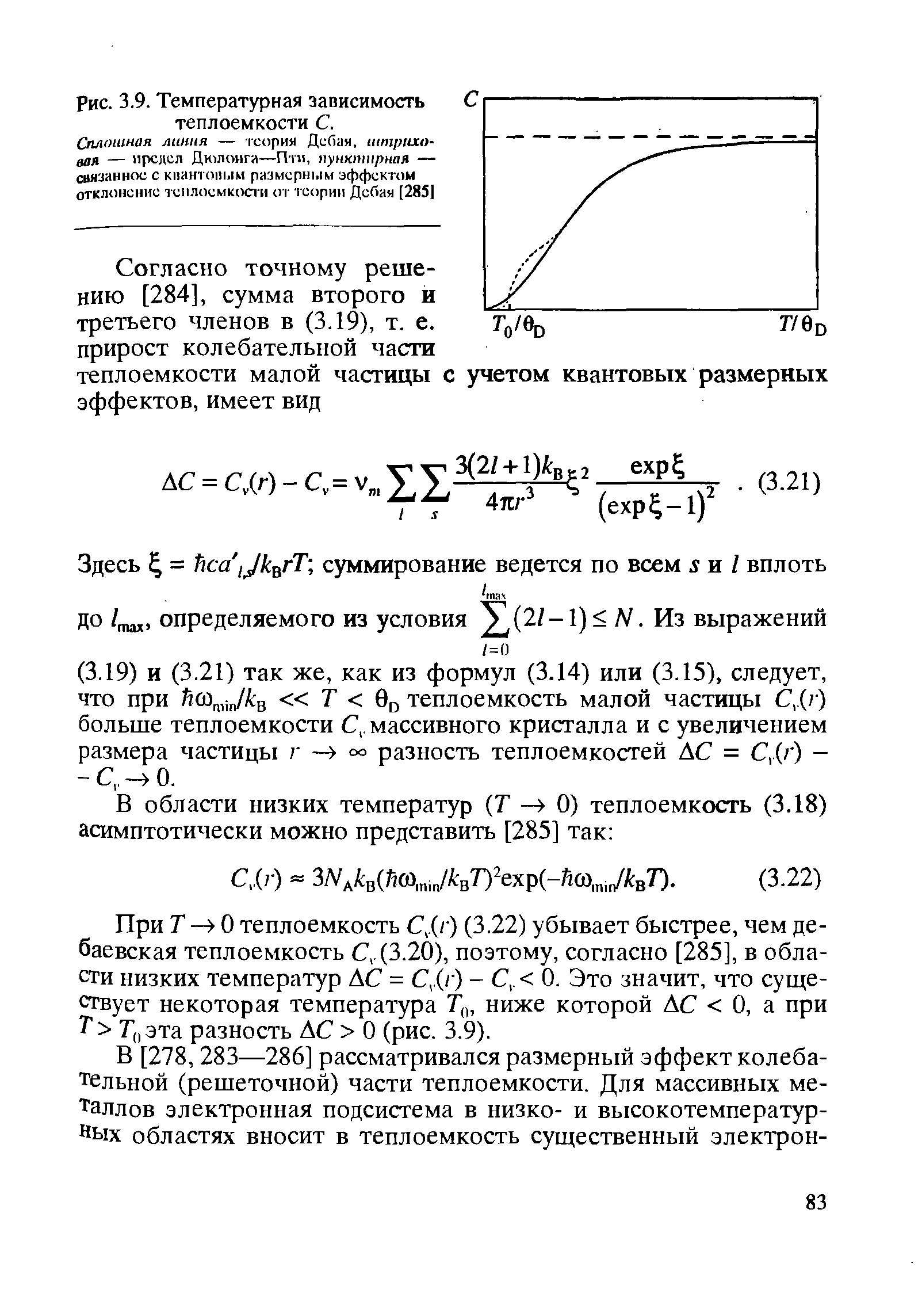 При Т О теплоемкость С,(/ ) (3.22) убывает быстрее, чем де-баевская теплоемкость С, (3.20), поэтому, согласно [285], в области низких температур ЛС = С,(/ ) - С, 0. Это значит, что существует некоторая температура Г,,, ниже которой ЛС О, а при Т Т, эта разность ЛС О (рис. 3.9).
