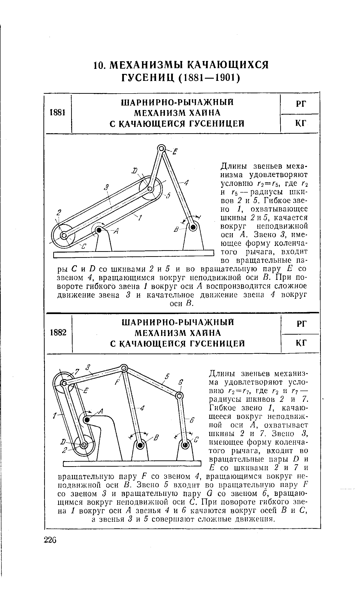 Длины звеньев механизма удовлетворяют условию Г2 = Гт, где г2 и г2 — радиусы шкивов 2 и 7. Гибкое звено I, качающееся вокруг неподвижной оси Л, охватывает шкивы 2 и 7. Звено 3, имеющее форму коленчатого рычага, входит во вращательные пары D и Е со шкивами 2 и 7 и вращательную пару F со звеном 4, вращающимся вокруг неподвижной оси В. Звено 5 входит во вращательную пару F со звеном 3 и вращательную пару G со звеном 6, вращающимся вокруг неподвижной оси С. При повороте гибкого звена 1 вокруг оси А звенья 4 ц 6 качаются вокруг осей В и С, а звенья 3 и 5 совершают сложные движения.
