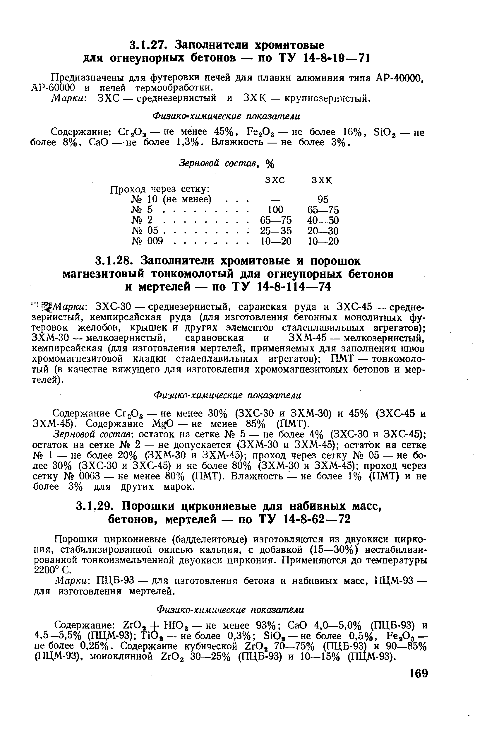 Содержание СгаОз — не менее 30% (ЗХС-30 и ЗХМ-30) и 45% (ЗХС-45 и ЗХМ-45). Содержание MgO — не менее 85% (ПМТ).
