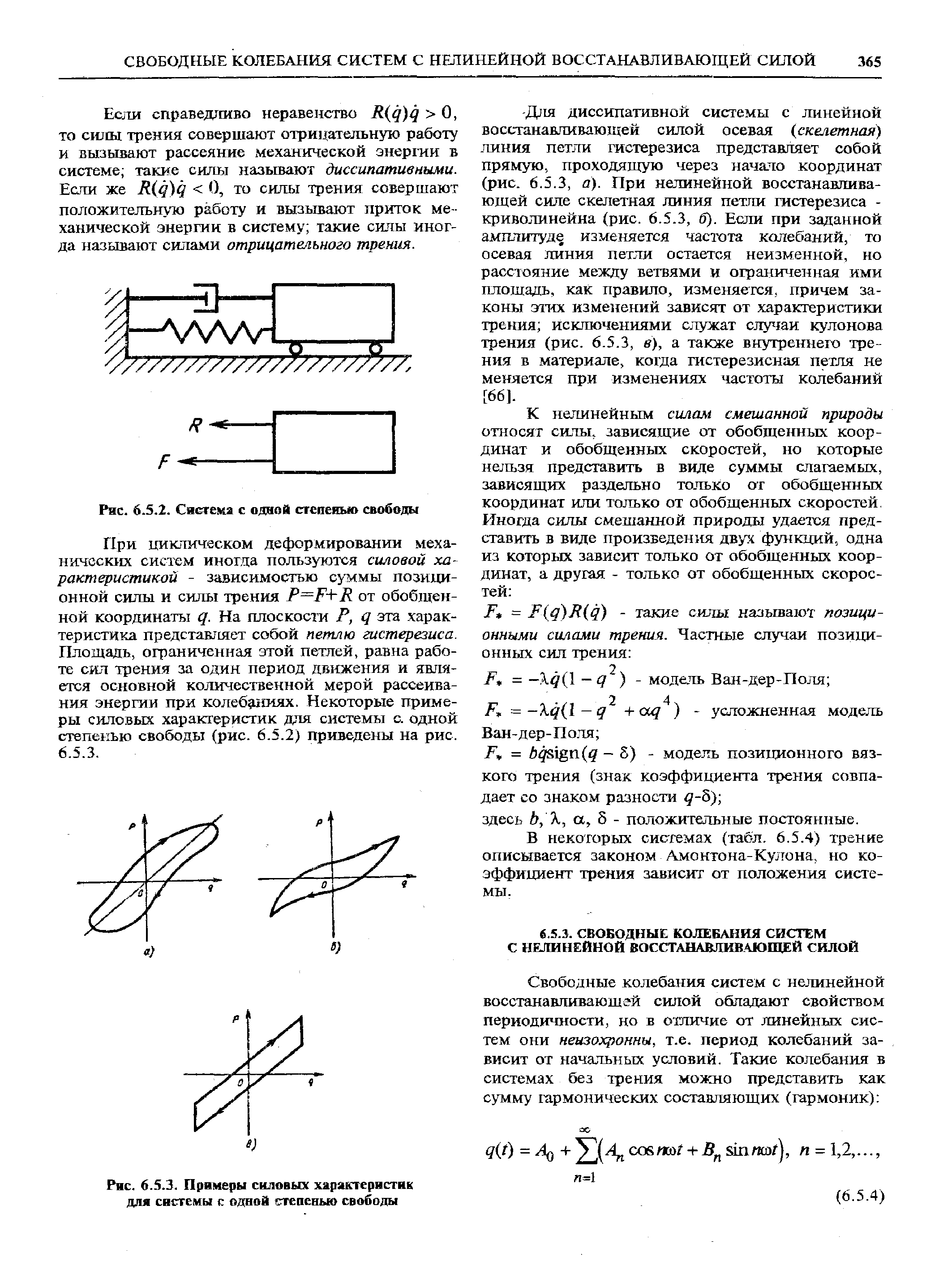 При циклическом деформировании механических систем иногда пользуются силовой характеристикой - зависимостью суммы позиционной силы и силы трения Р=Р+К от обобщенной координаты д. На плоскости Р, д эта характеристика представляет собой петлю гистерезиса. Площадь, ограниченная этой петлей, равна работе сил трения за один период движения и является основной количественной мерой рассеивания энергаи при колебаниях. Некоторые примеры силовых характеристик для системы с. одной степенью свободы (рис. 6.5.2) приведены на рис. 6.5.3.
