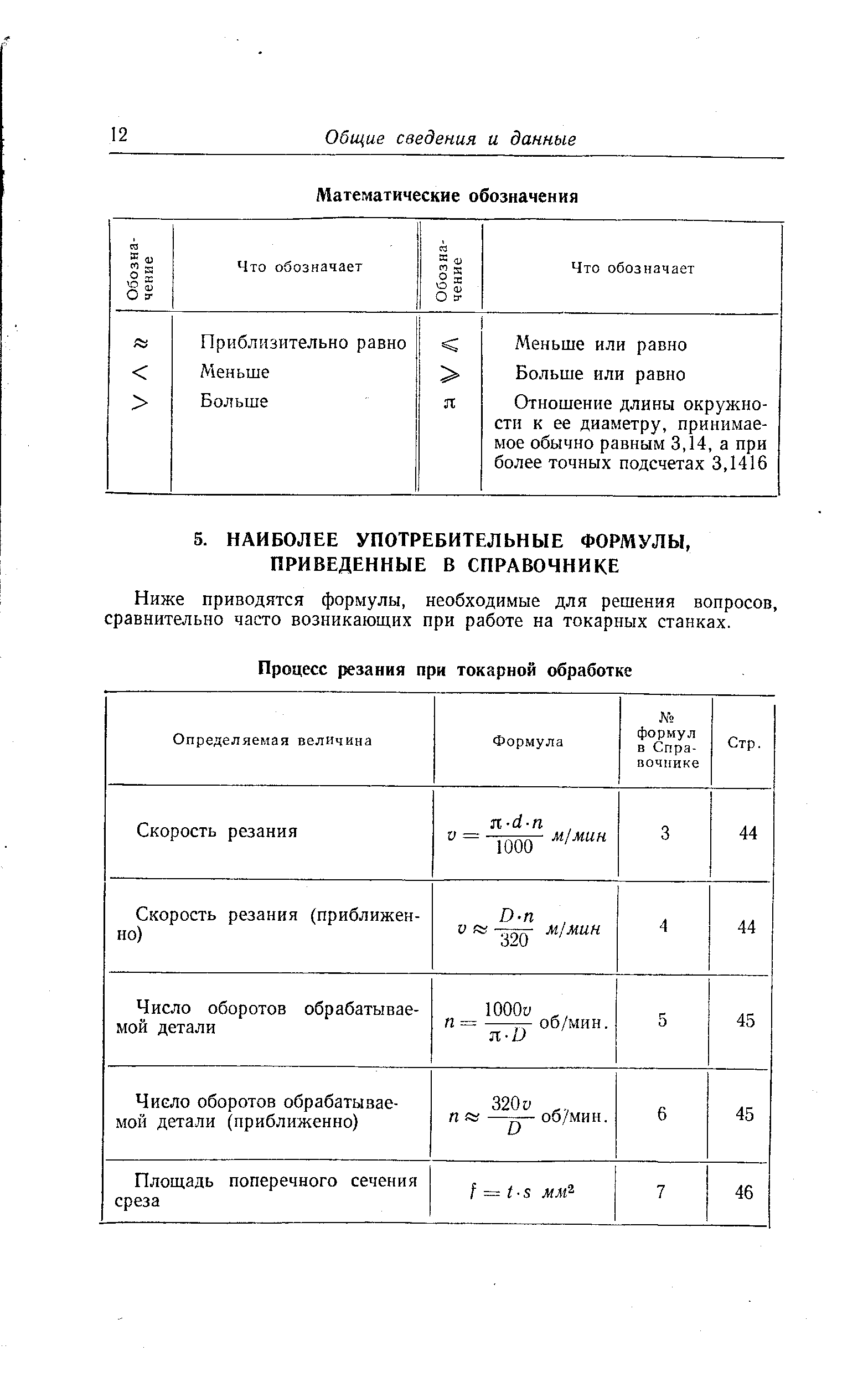 Ниже приводятся формулы, необходимые для решения вопросов, сравнительно часто возникающих при работе на токарных станках.
