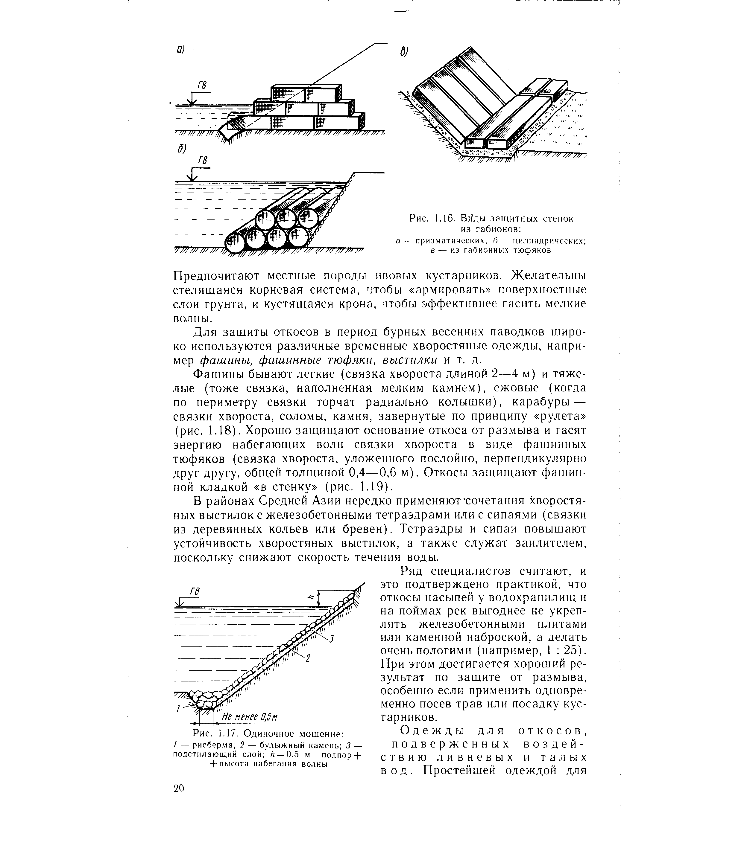 Рис. 1.16. Виды защитных стенок из габионов а — призматических 5 — цилиндрических в — из габионных тюфяков
