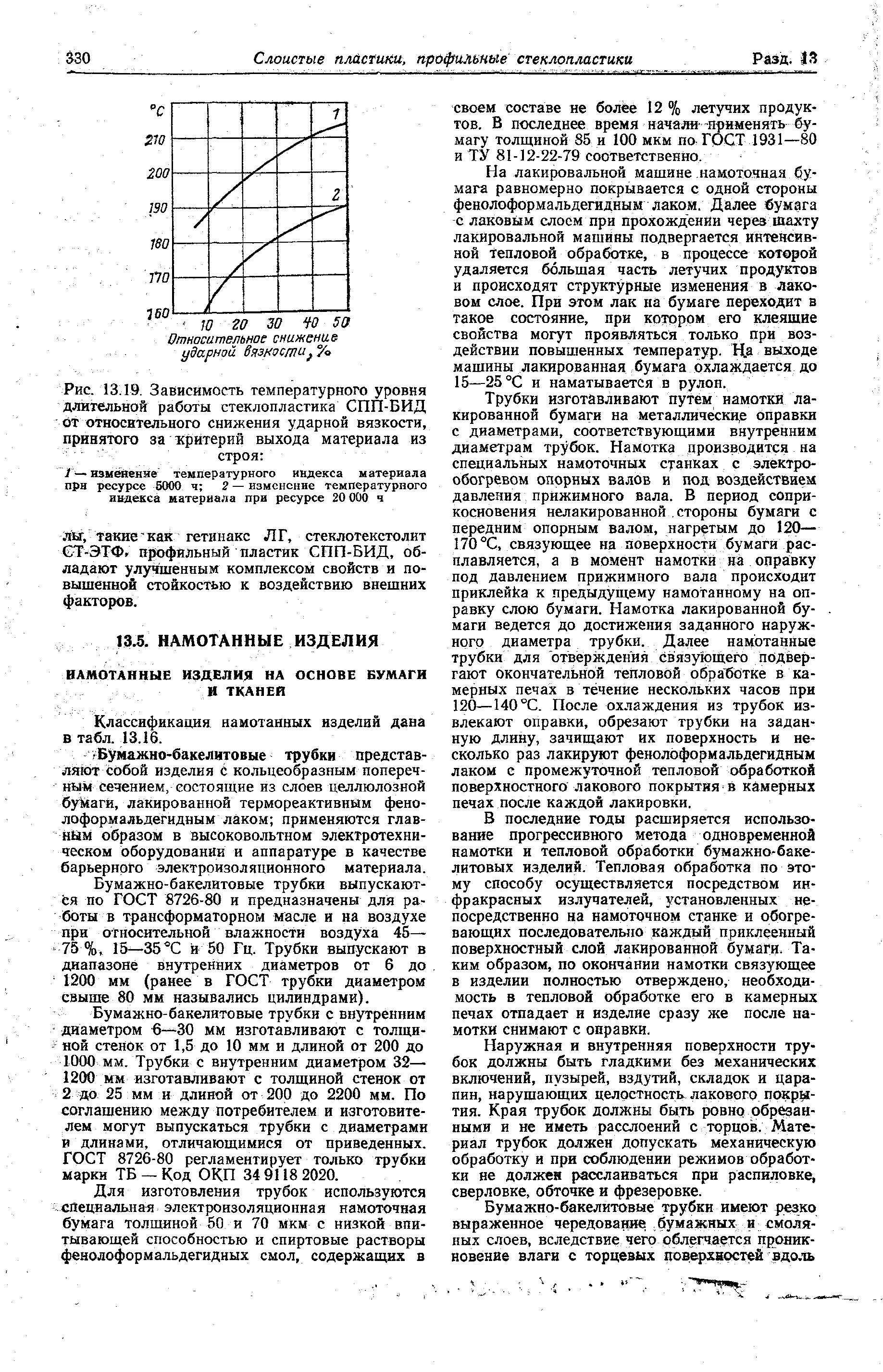 Рис. 13.19. <a href="/info/191882">Зависимость температурного</a> уровня длительной работы стеклопластика СПП-БИД от относительного снижения <a href="/info/4821">ударной вязкости</a>, принятого за критерий выхода материала из строя 
