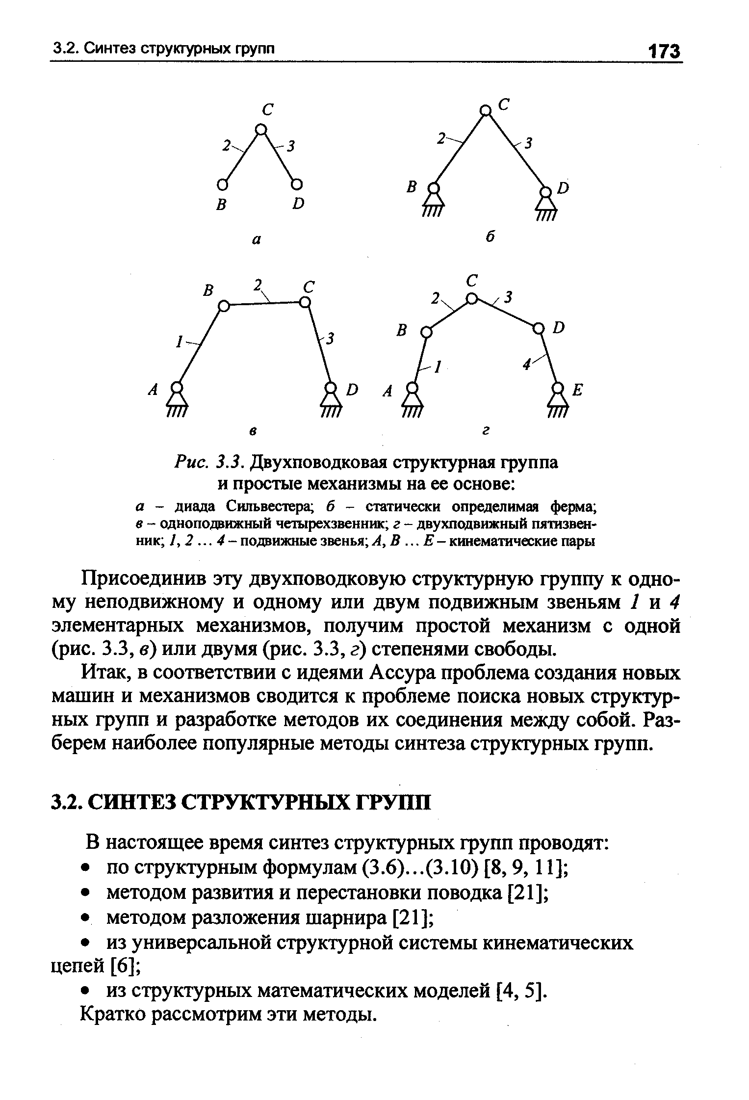 Рис. 3.3. Двухповодковая структурная группа и простые механизмы на ее основе а - диада Сильвестера б - статически определимая ферма в - одноподвижный четырехзвенник г - двухподвижный пятизвенник 1,2. ..4- подвижные звенья А,В. ..Е- кинематические пары
