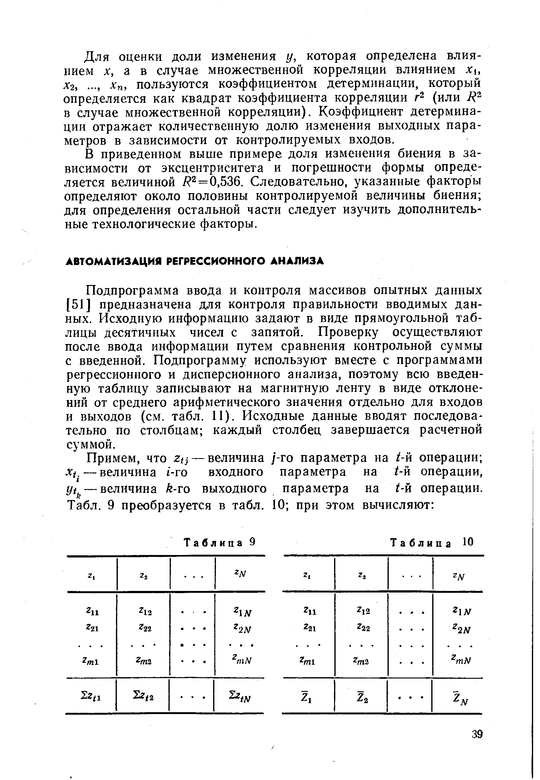 Подпрограмма ввода и контроля массивов опытных данных [51] предназначена для контроля правильности вводимых данных. Исходную информацию задают в виде прямоугольной таблицы десятичных чисел с запятой. Проверку осуществляют после ввода информации путем сравнения контрольной суммы с введенной. Подпрограмму используют вместе с программами регрессионного и дисперсионного анализа, поэтому всю введенную таблицу записывают на магнитную ленту в виде отклонений от среднего арифметического значения отдельно для входов и выходов (см. табл. 11). Исходные данные вводят последовательно по столбцам каждый столбец завершается расчетной суммой.
