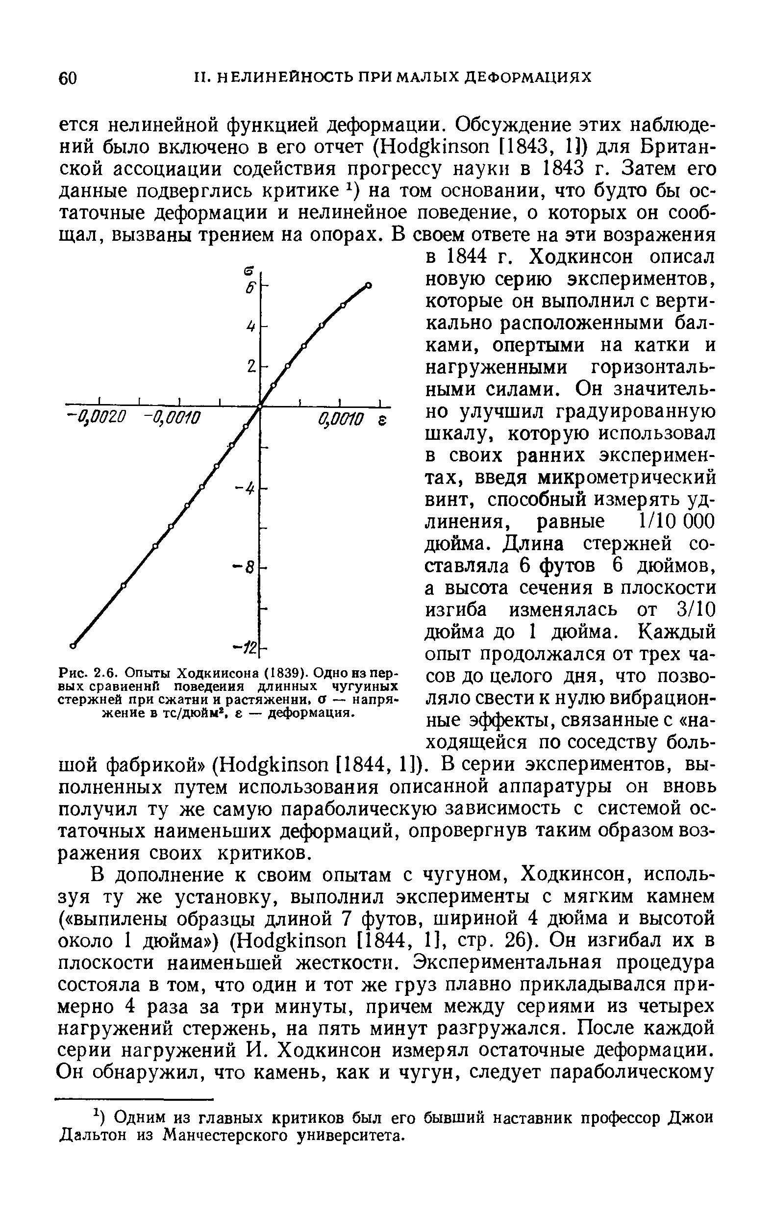 Рис. 2.6. Опыты Ходкиисона (1839). Одно нз первых сравиеннП поведения длинных чугунных стержней при сжатии и растяжении, а — напряжение в тс/дюйм, е — деформация.
